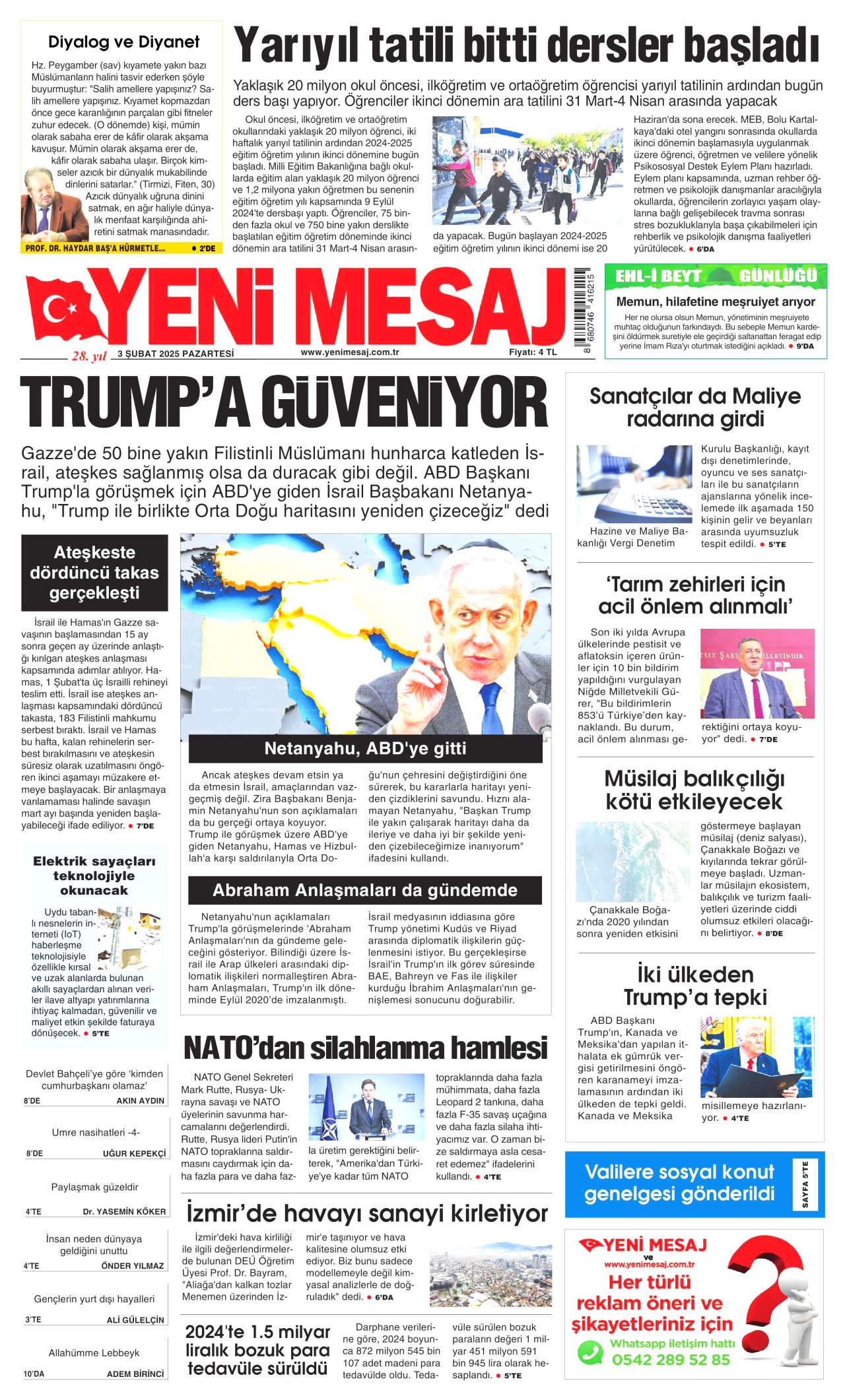 YENİ MESAJ gazetesinin 3 Şubat 2025 tarihli birinci sayfası