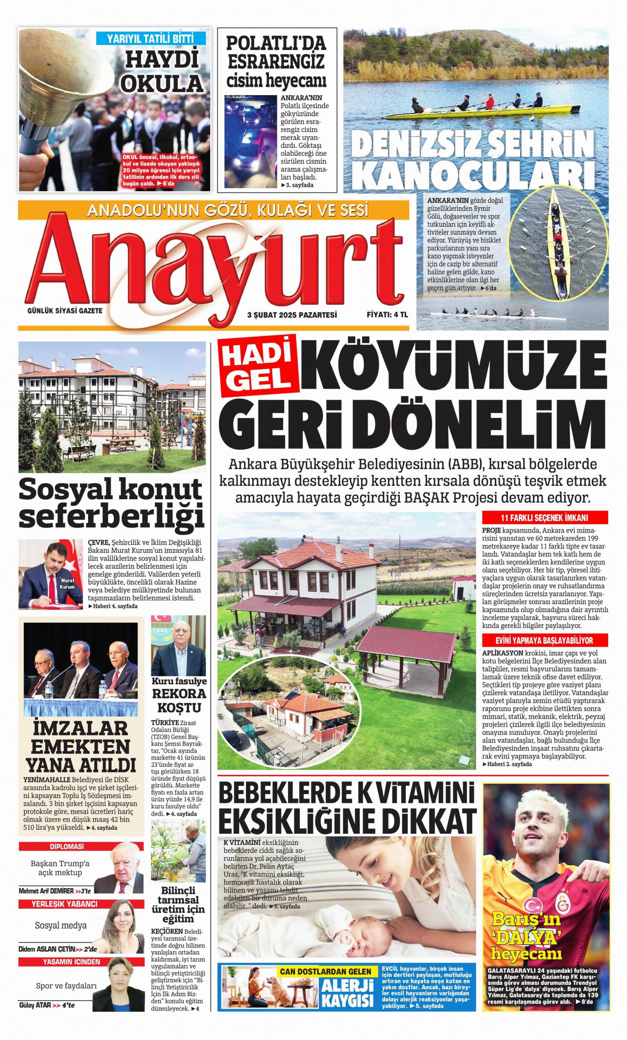 ANAYURT gazetesinin 3 Şubat 2025 tarihli birinci sayfası