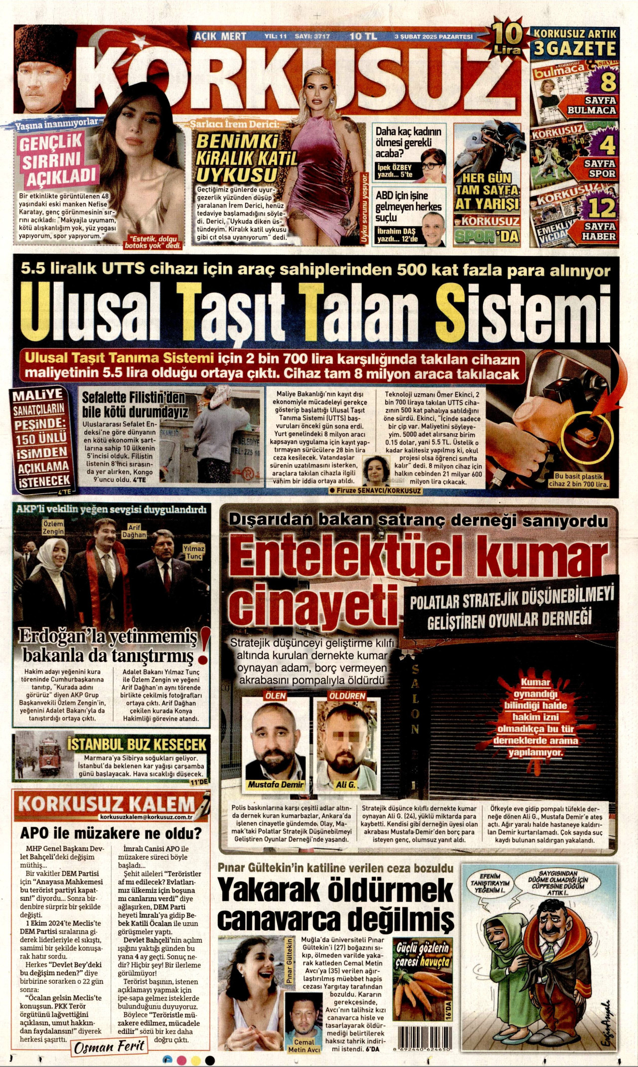KORKUSUZ gazetesinin 3 Şubat 2025 tarihli birinci sayfası