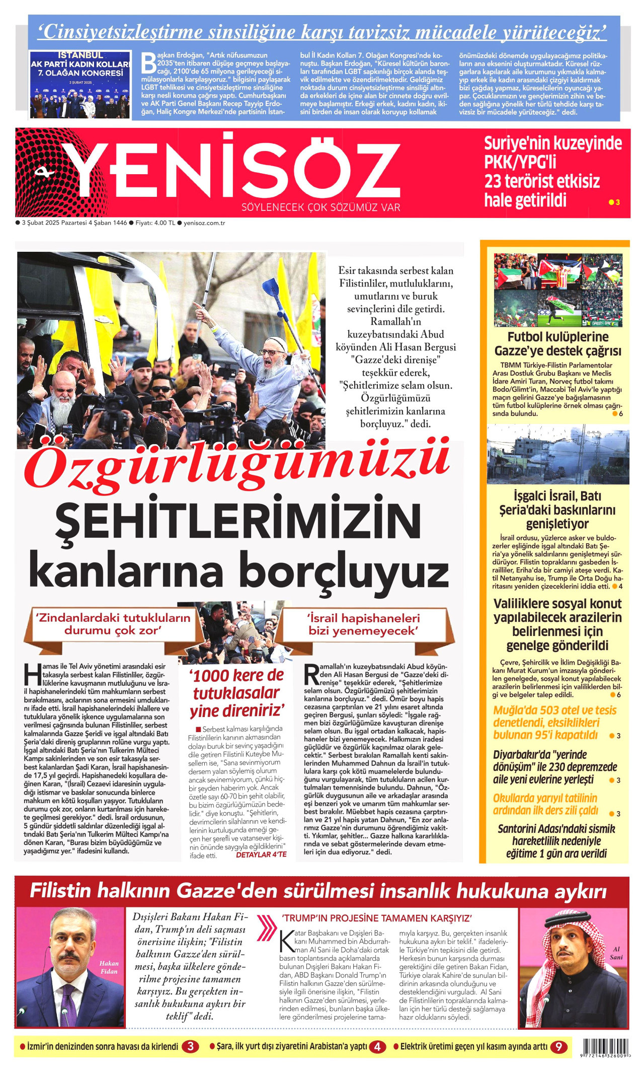 YENİ SÖZ GAZETESİ gazetesinin 3 Şubat 2025 tarihli birinci sayfası