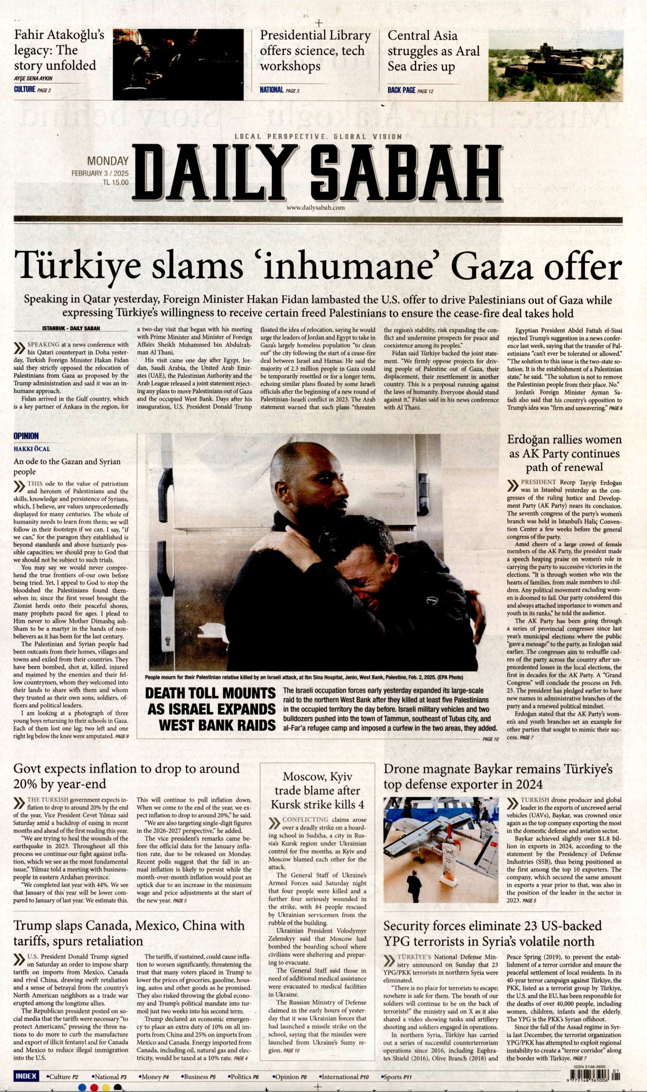 DAİLY SABAH gazetesinin 3 Şubat 2025 tarihli birinci sayfası