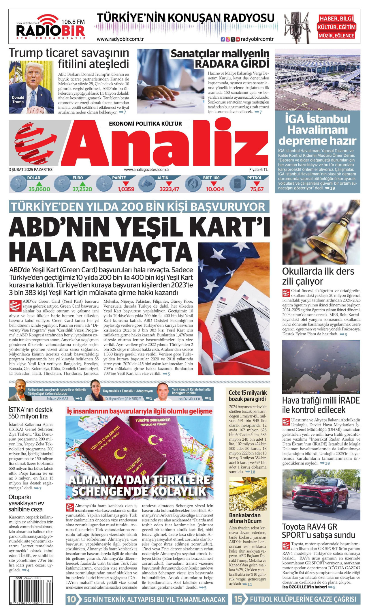 ANALİZ gazetesinin 3 Şubat 2025 tarihli birinci sayfası