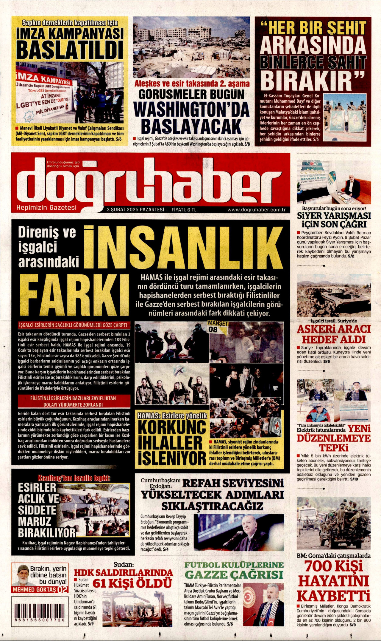 DOĞRU HABER gazetesinin 3 Şubat 2025 tarihli birinci sayfası