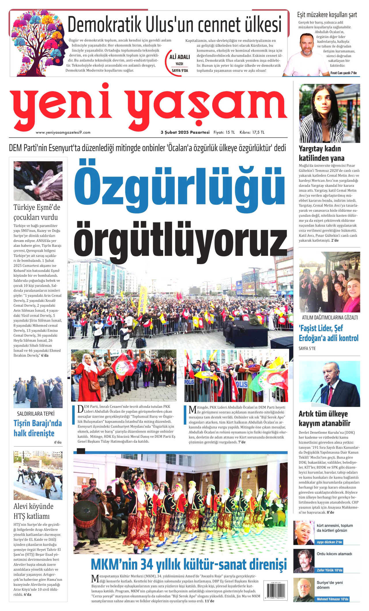 YENİ YAŞAM gazetesinin 3 Şubat 2025 tarihli birinci sayfası