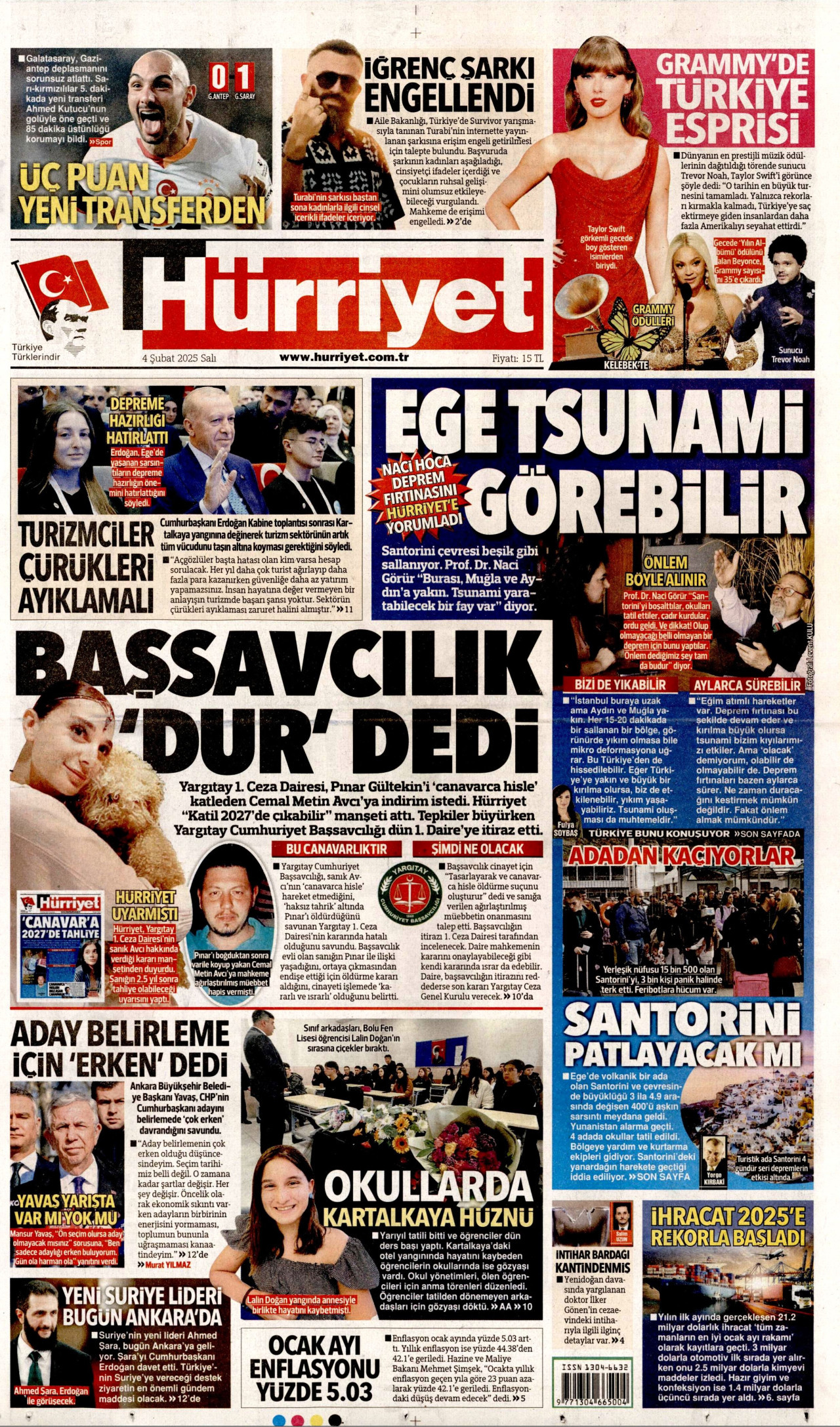 HÜRRİYET gazetesinin 4 Şubat 2025 tarihli birinci sayfası