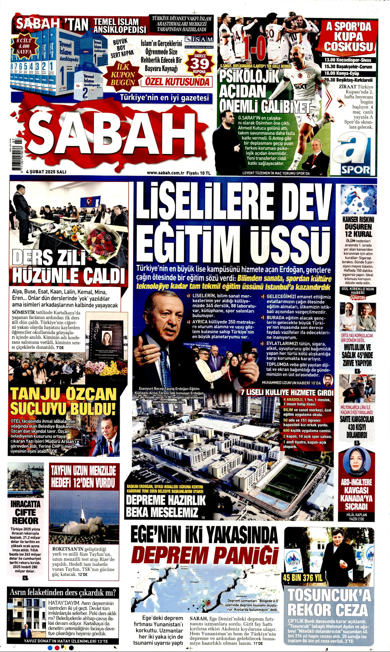SABAH gazetesinin 4 Şubat 2025 tarihli birinci sayfası