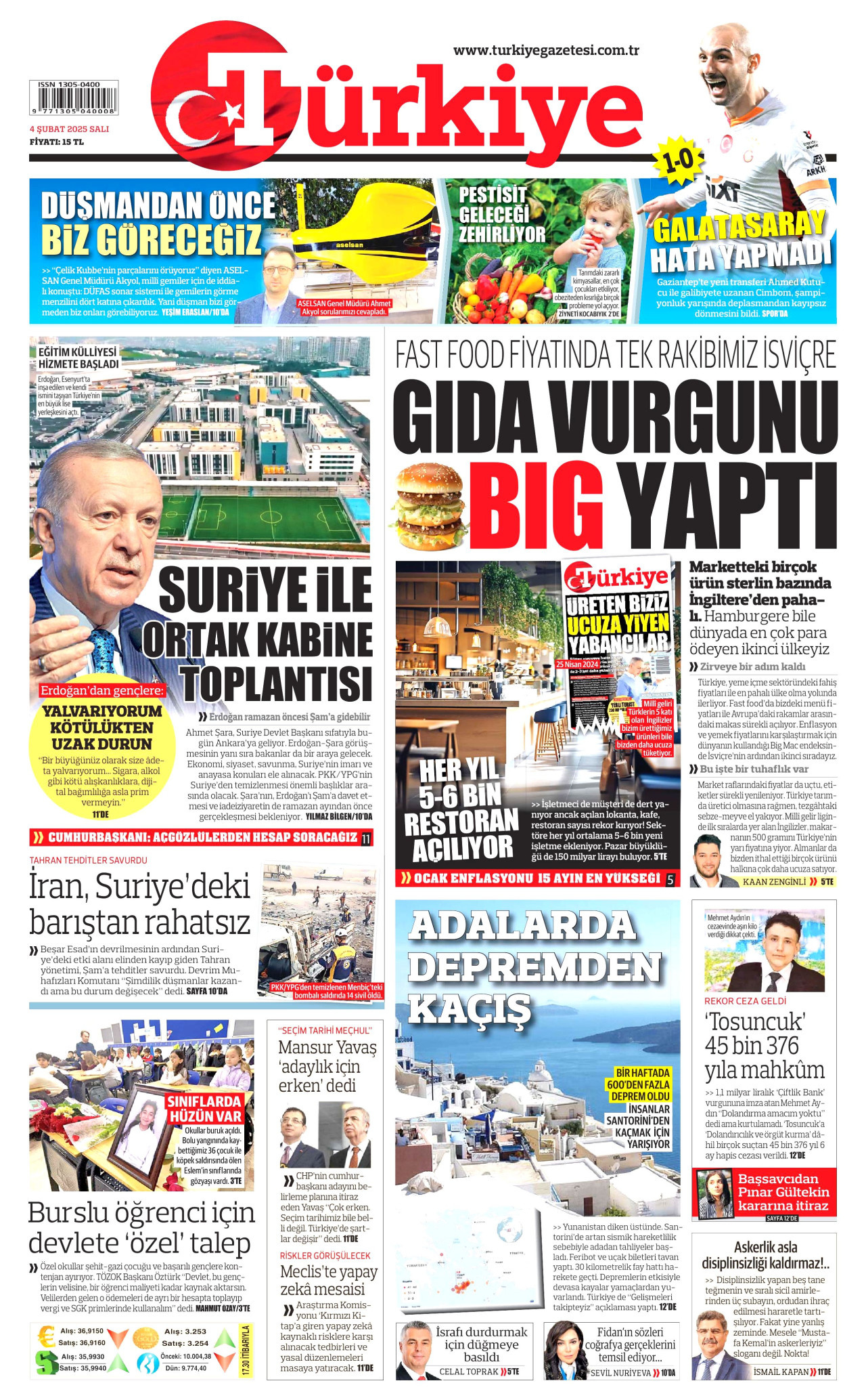 TÜRKİYE GAZETESİ gazetesinin 4 Şubat 2025 tarihli birinci sayfası