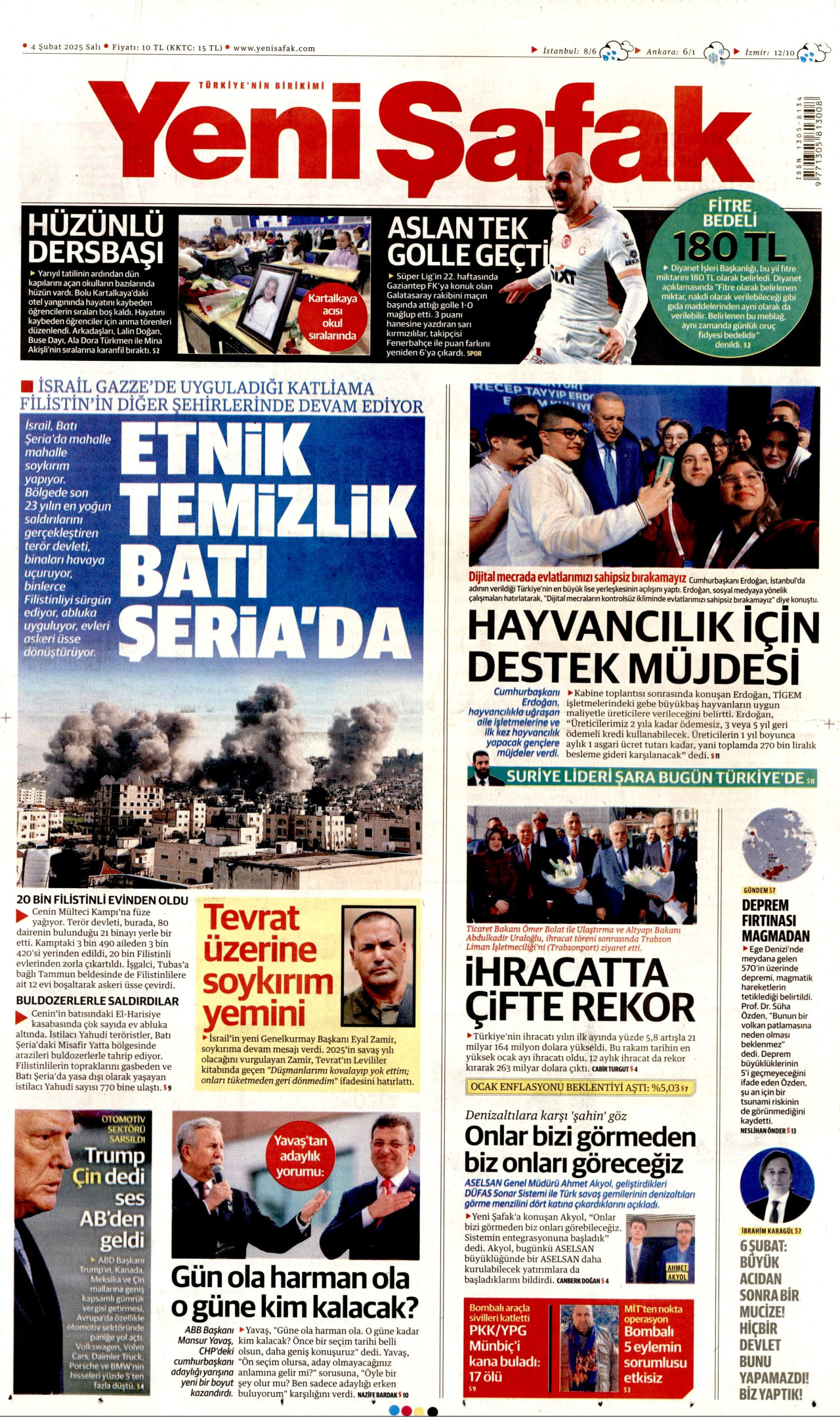 YENİ ŞAFAK gazetesinin 4 Şubat 2025 tarihli birinci sayfası