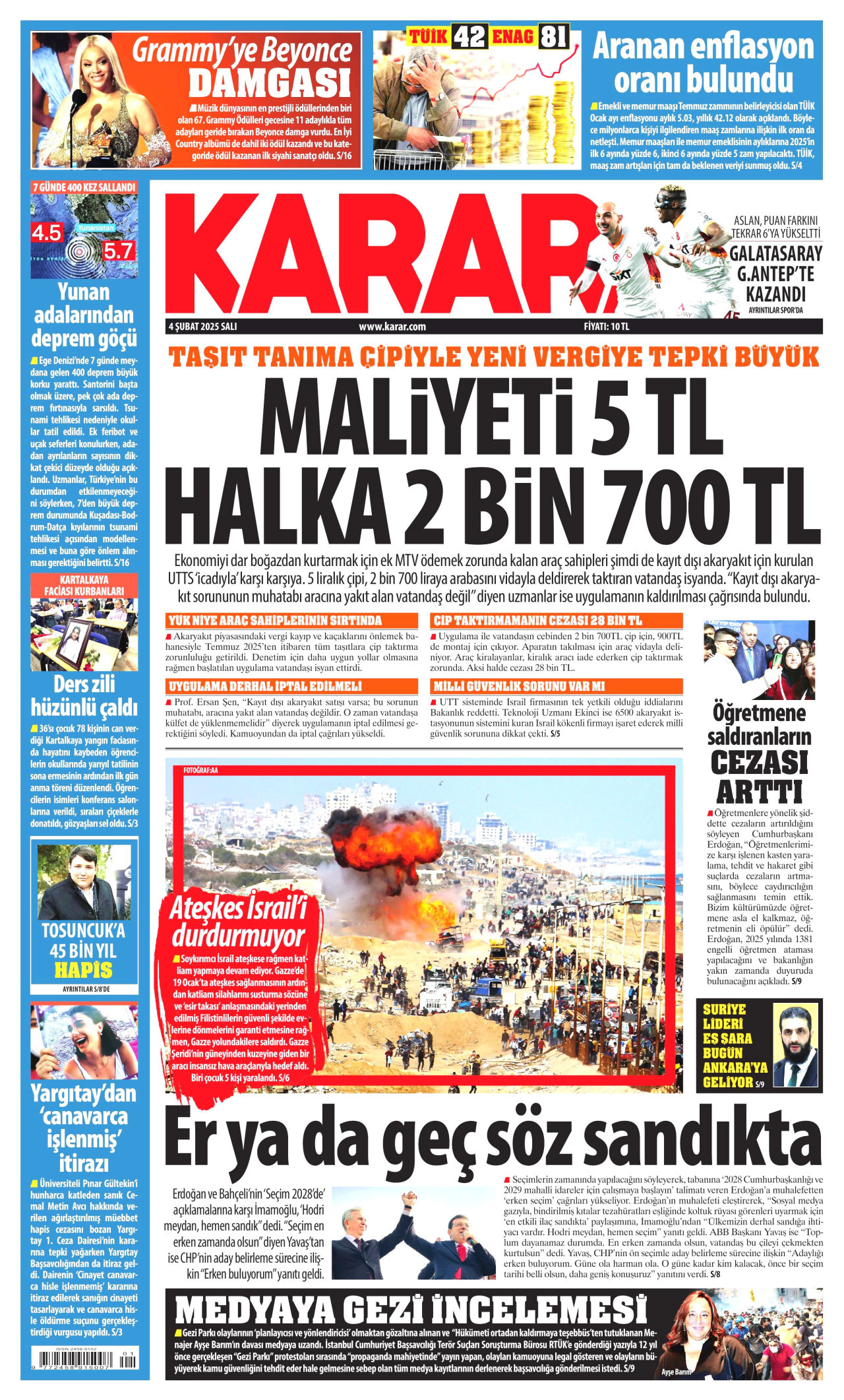 KARAR gazetesinin 4 Şubat 2025 tarihli birinci sayfası
