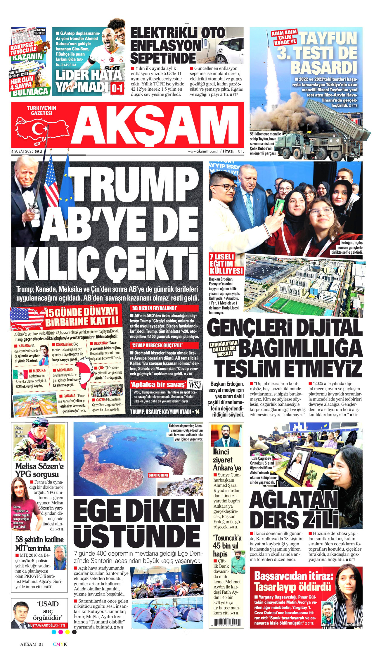 AKŞAM gazetesinin 4 Şubat 2025 tarihli birinci sayfası
