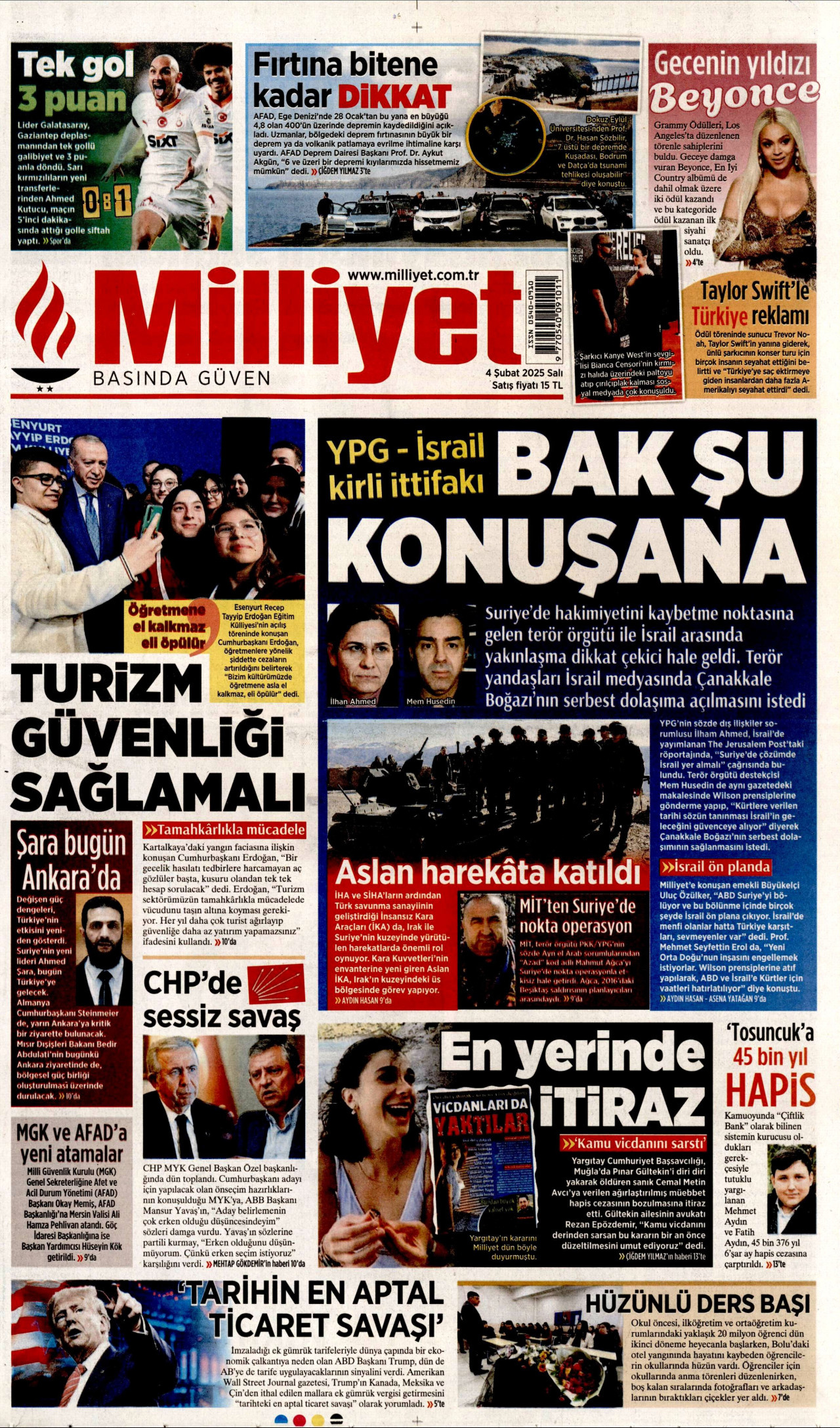 MİLLİYET gazetesinin 4 Şubat 2025 tarihli birinci sayfası