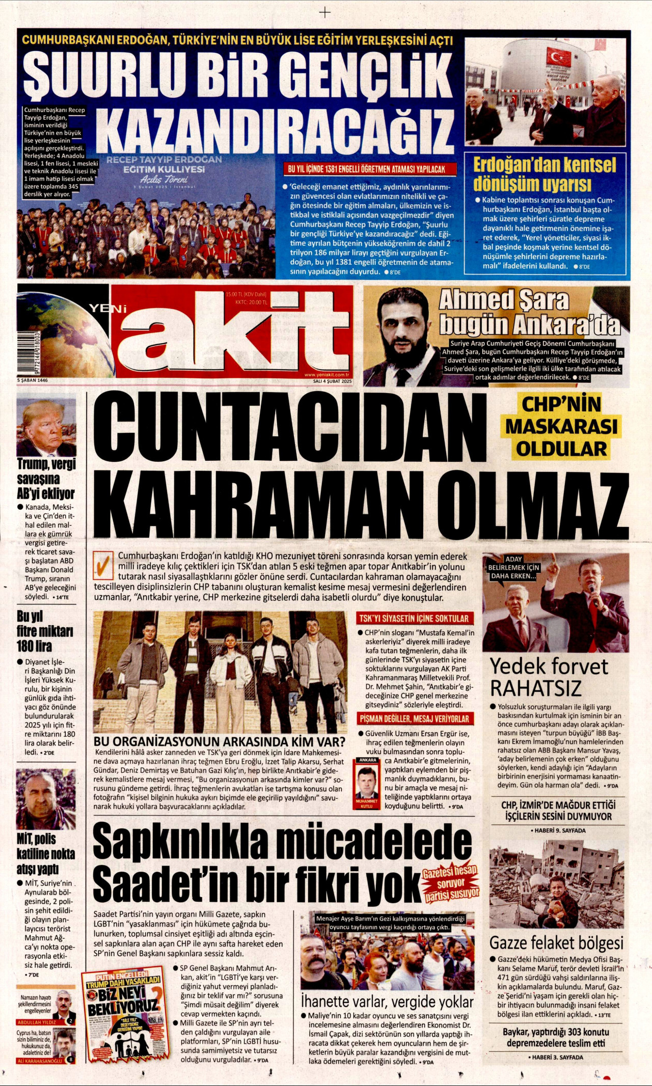 YENİ AKİT gazetesinin 4 Şubat 2025 tarihli birinci sayfası