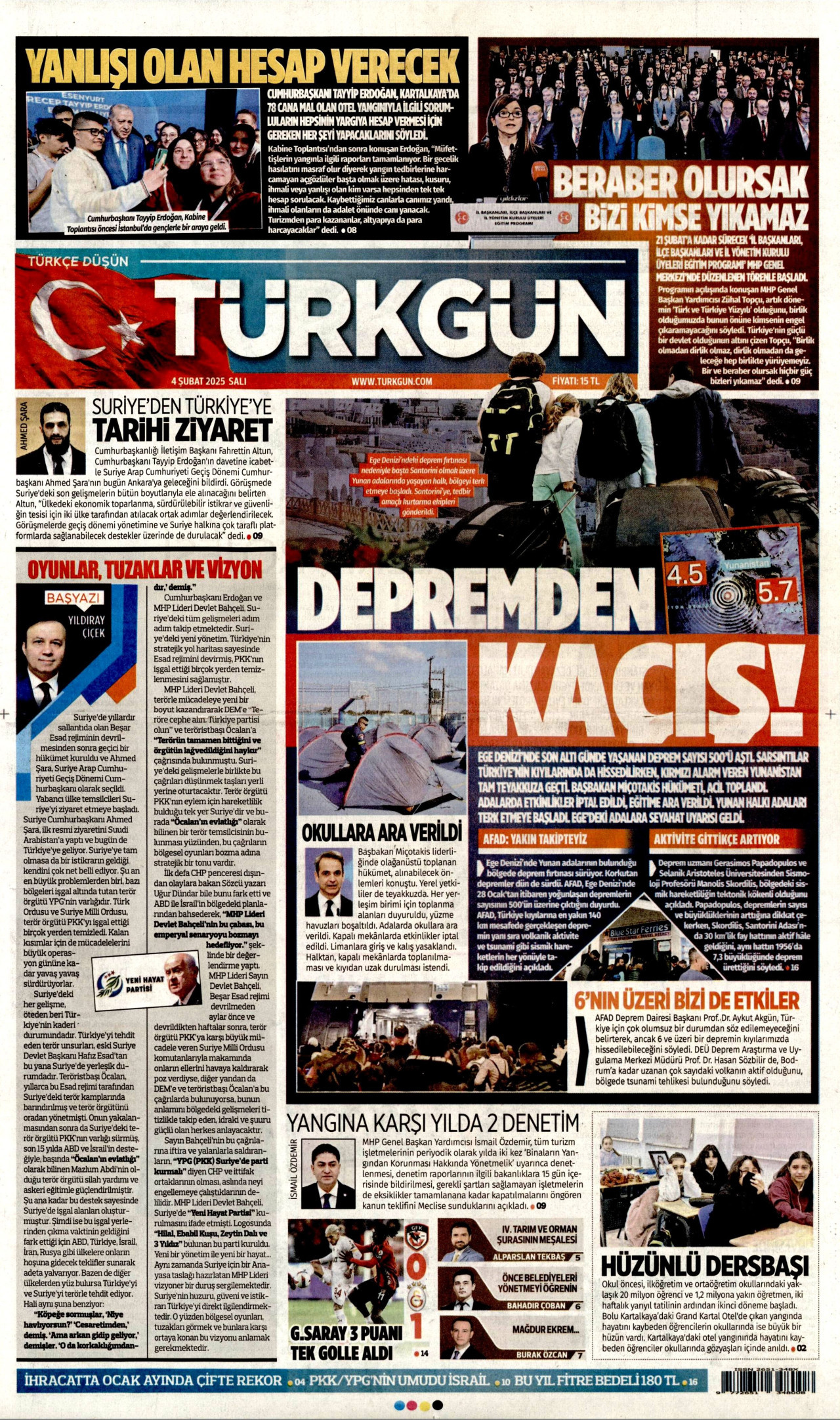 TÜRKGÜN gazetesinin 4 Şubat 2025 tarihli birinci sayfası
