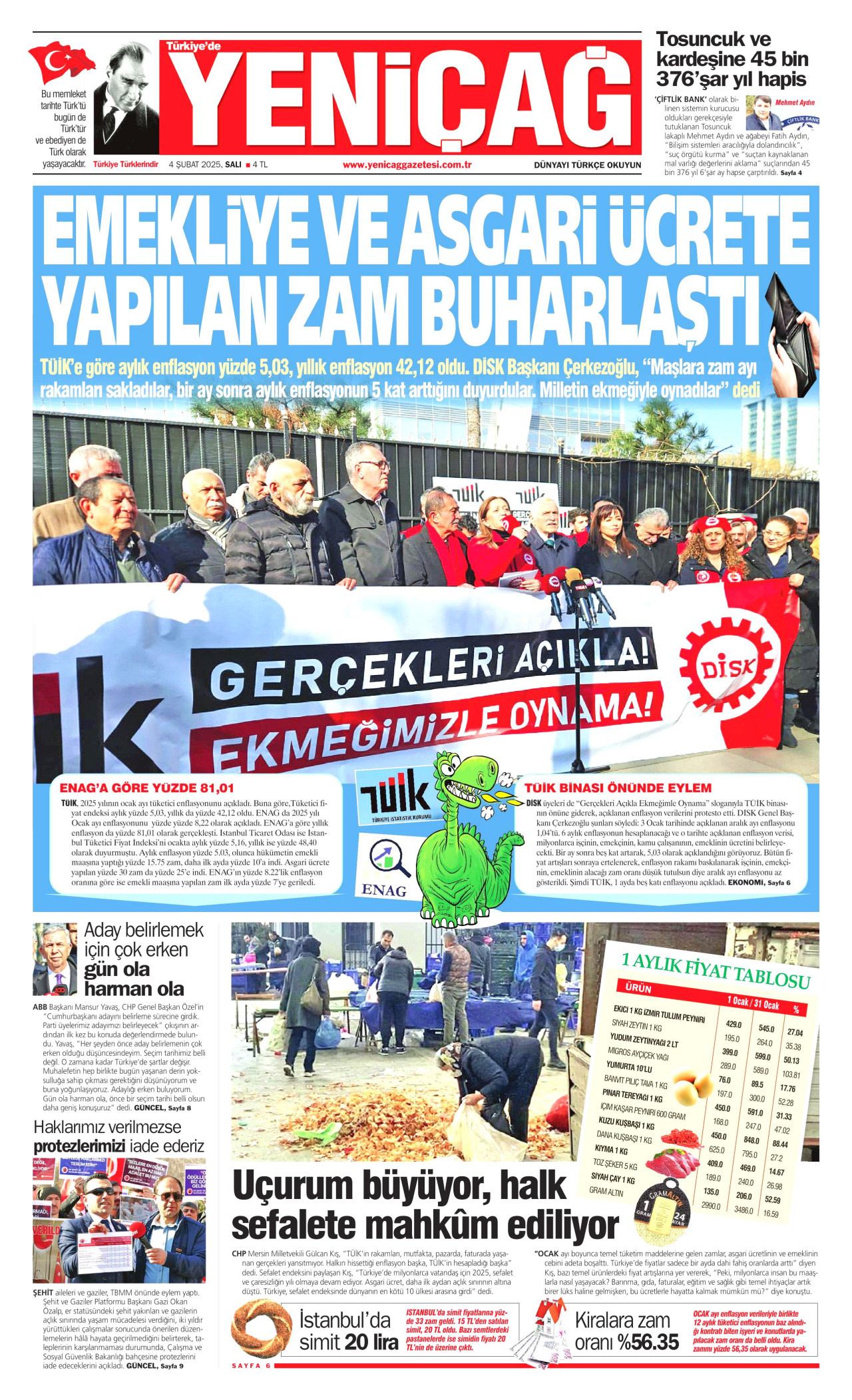 YENİÇAĞ gazetesinin 4 Şubat 2025 tarihli birinci sayfası