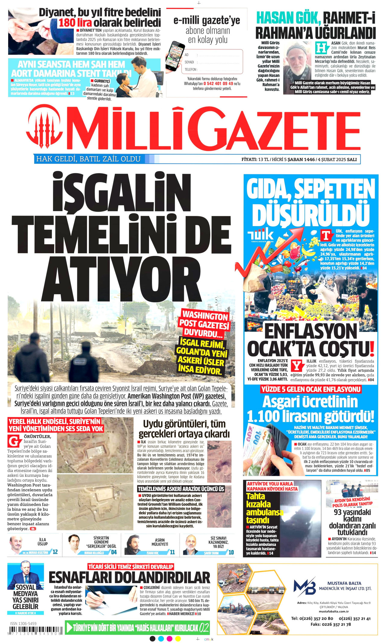 MİLLİ GAZETE gazetesinin 4 Şubat 2025 tarihli birinci sayfası