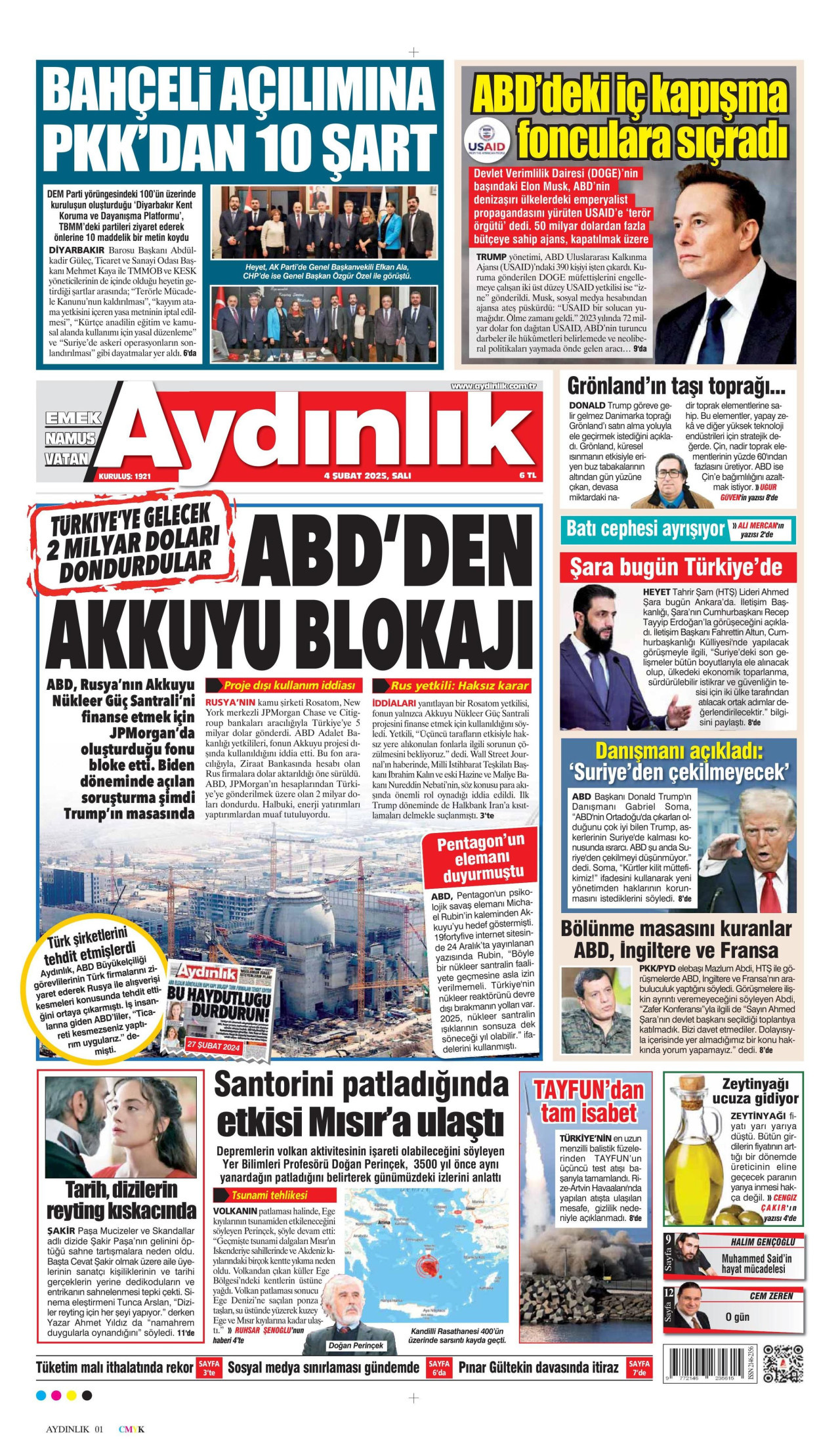AYDINLIK GAZETESİ gazetesinin 4 Şubat 2025 tarihli birinci sayfası