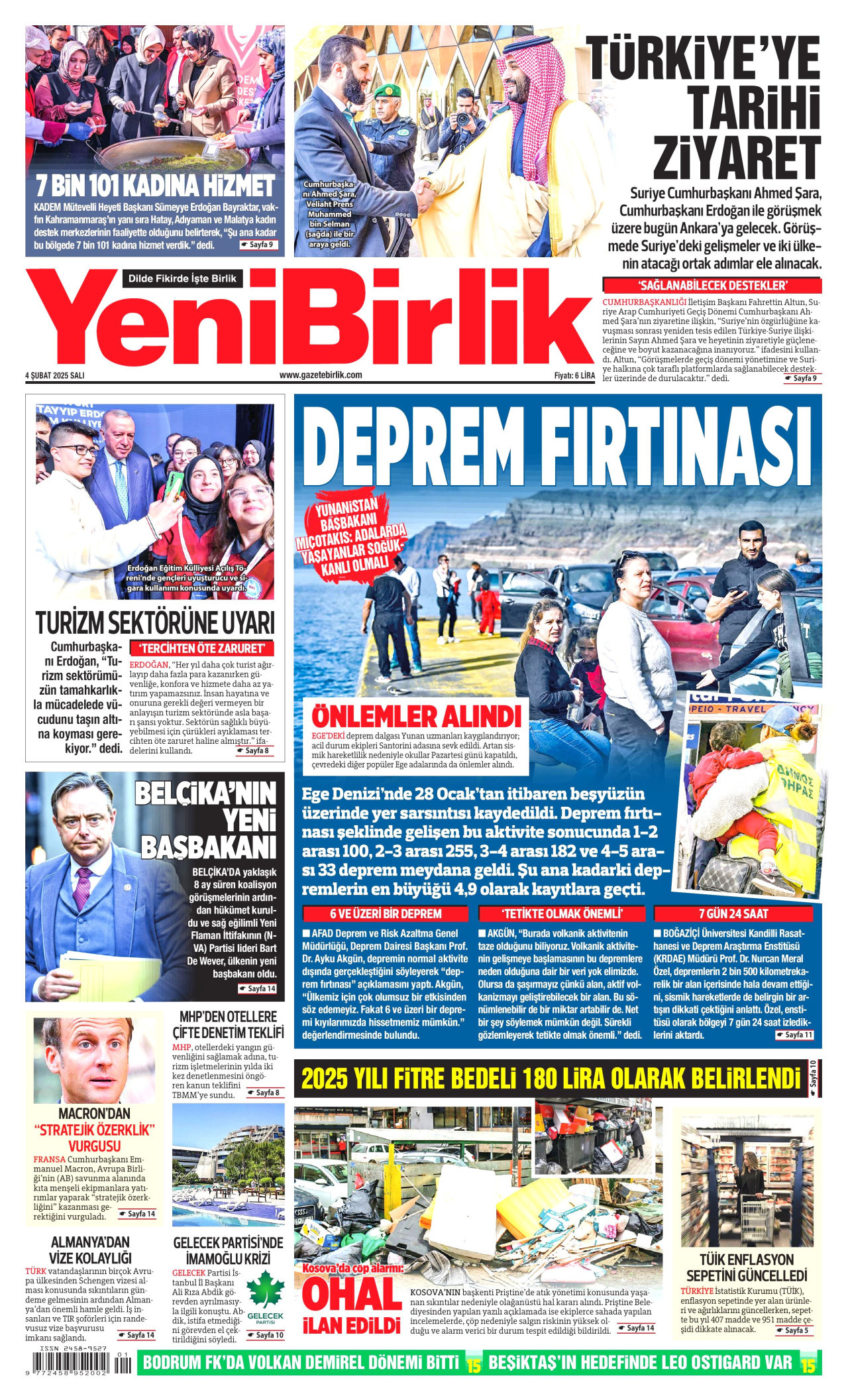 YENİBİRLİK gazetesinin 4 Şubat 2025 tarihli birinci sayfası