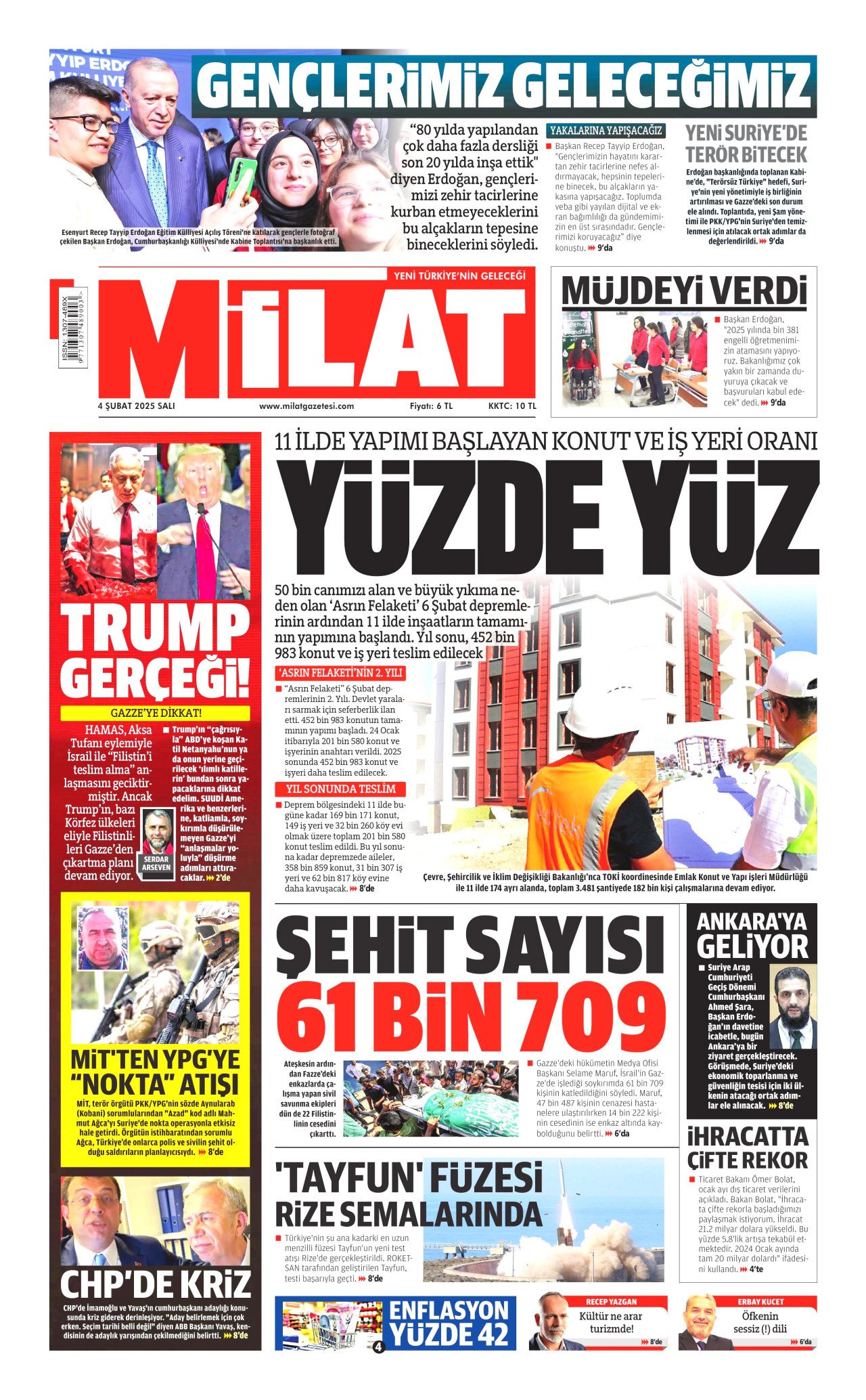 MİLAT gazetesinin 4 Şubat 2025 tarihli birinci sayfası