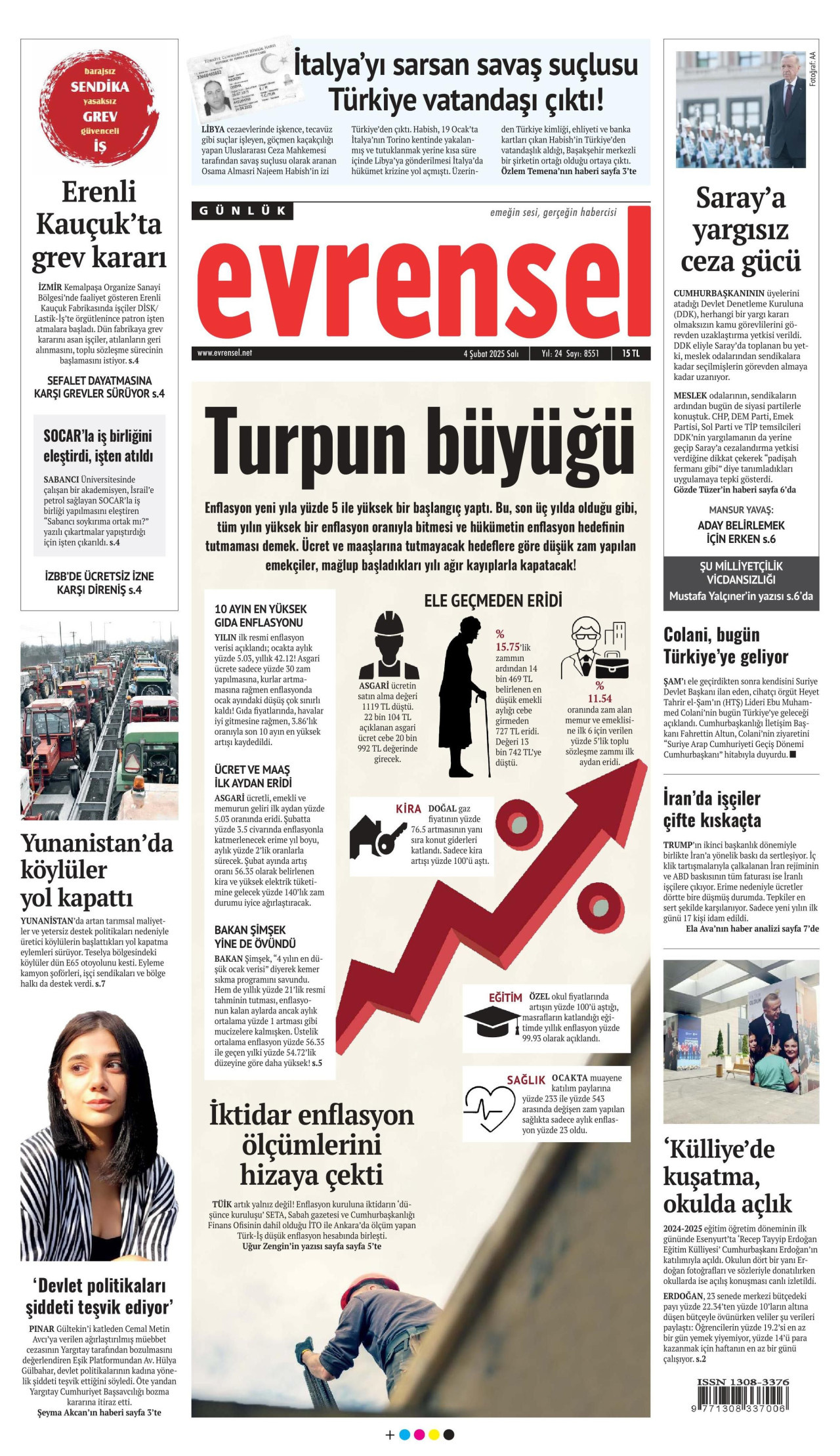 EVRENSEL gazetesinin 4 Şubat 2025 tarihli birinci sayfası
