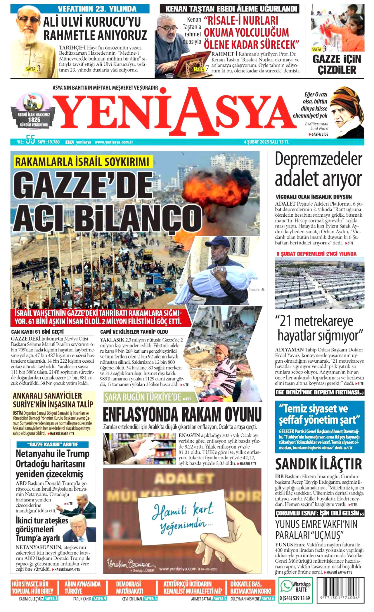 YENİ ASYA gazetesinin 4 Şubat 2025 tarihli birinci sayfası