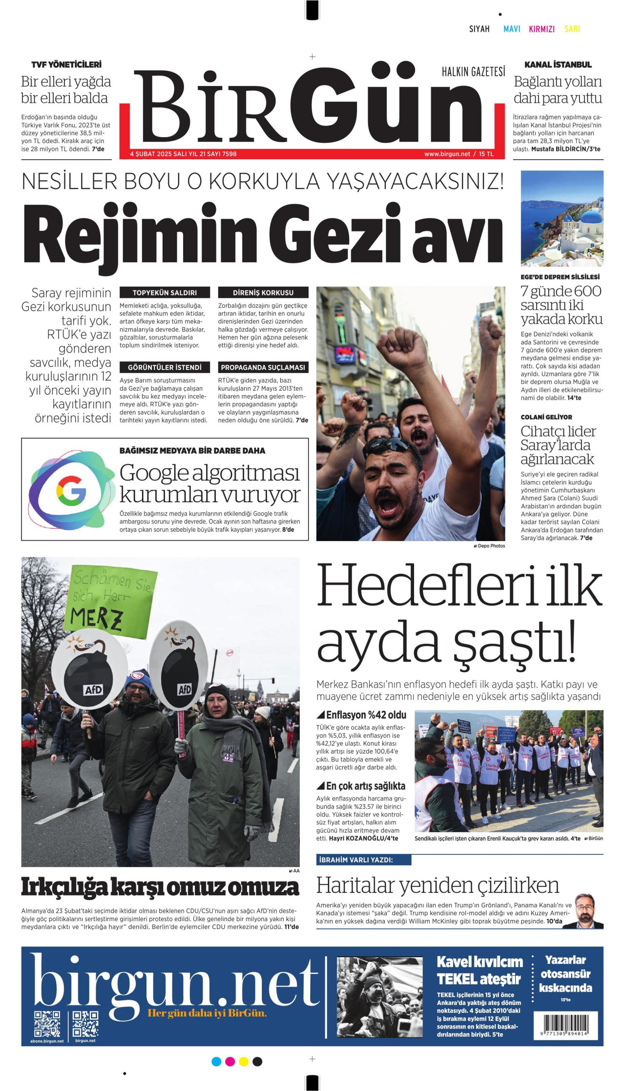 BİRGÜN gazetesinin 4 Şubat 2025 tarihli birinci sayfası
