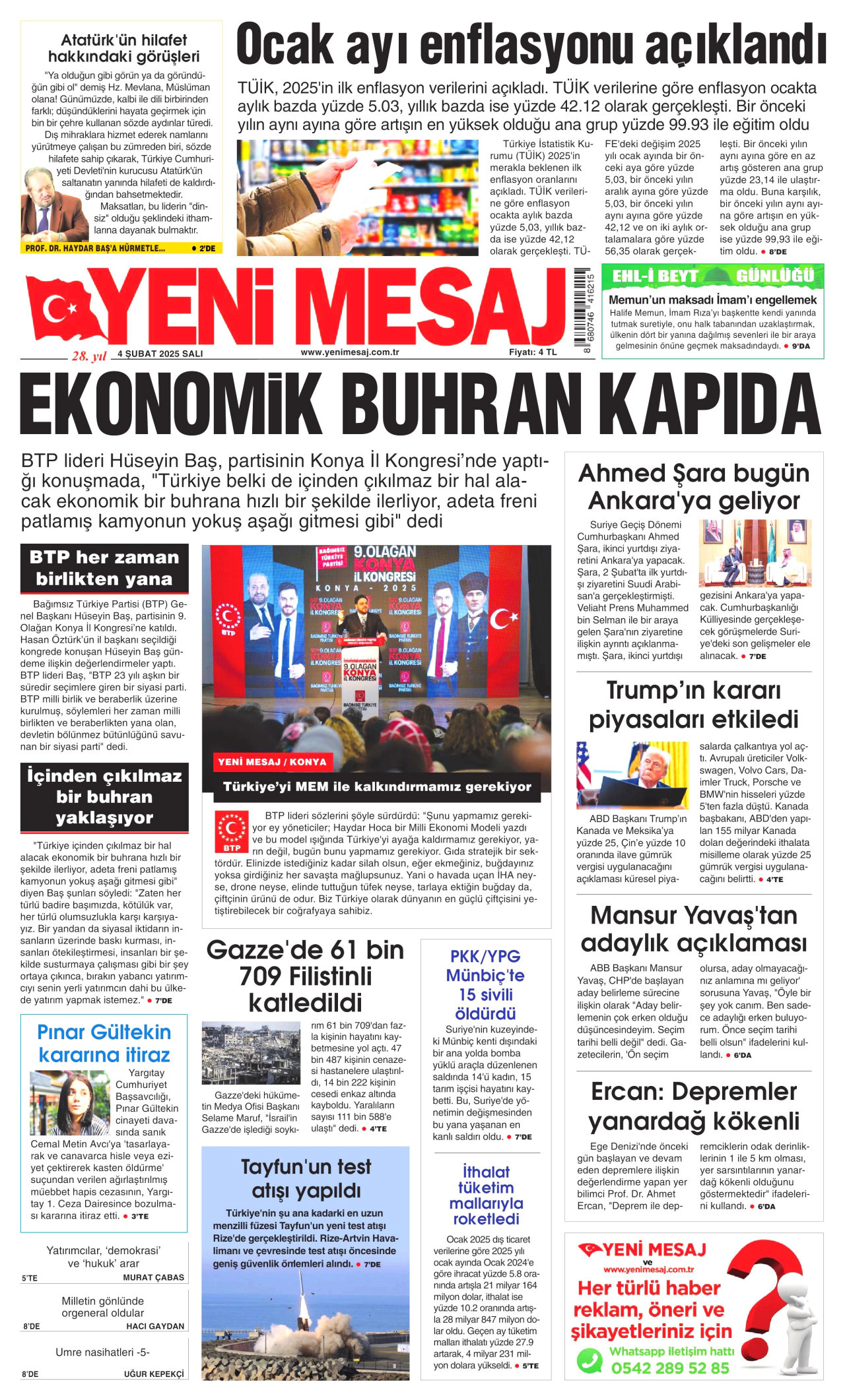 YENİ MESAJ gazetesinin 4 Şubat 2025 tarihli birinci sayfası