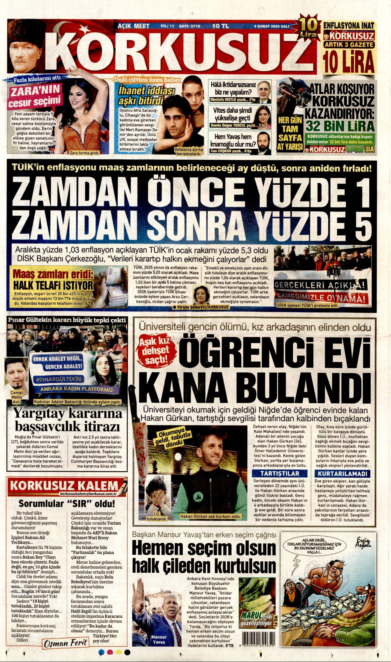KORKUSUZ gazetesinin 4 Şubat 2025 tarihli birinci sayfası