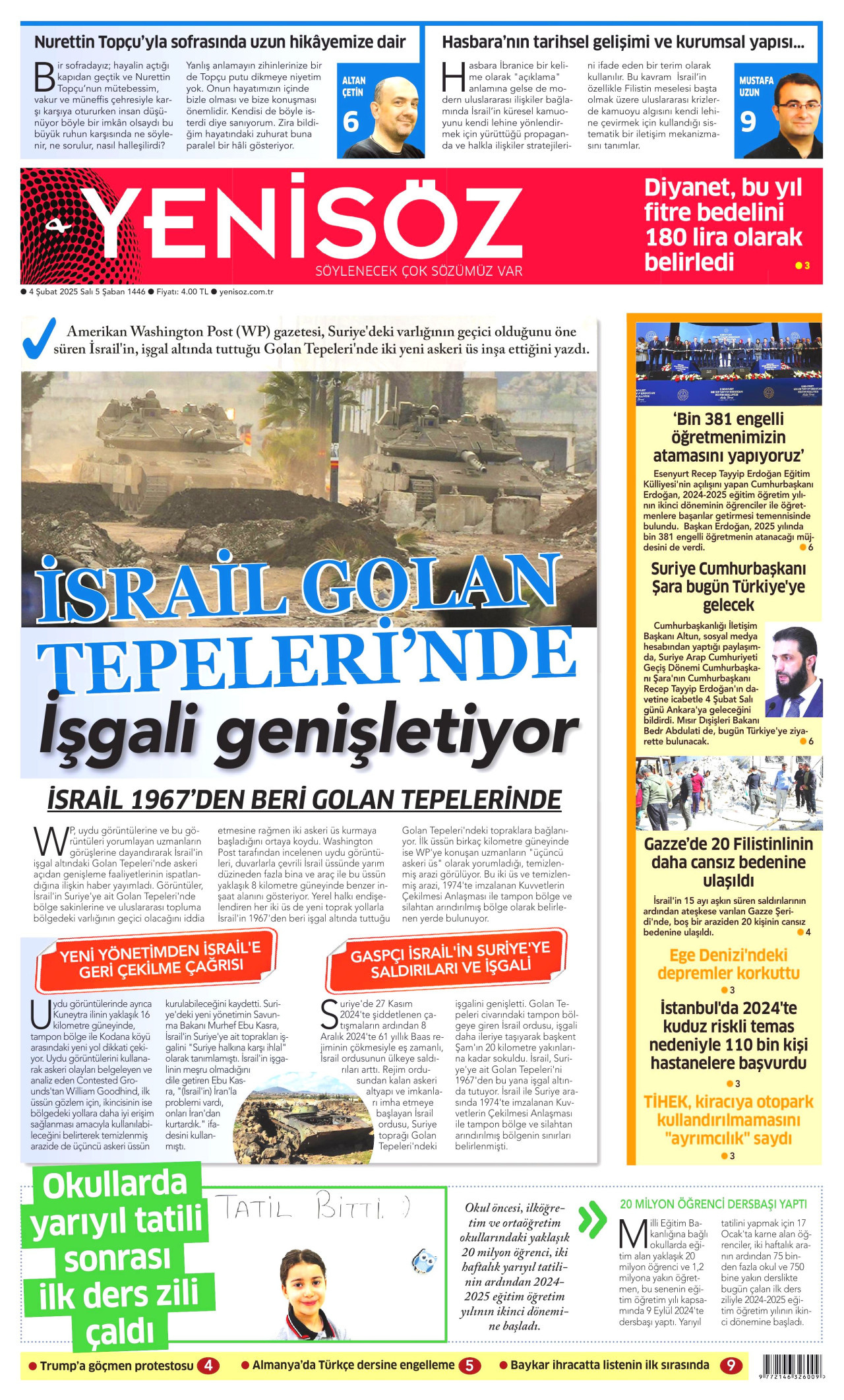 YENİ SÖZ GAZETESİ gazetesinin 4 Şubat 2025 tarihli birinci sayfası