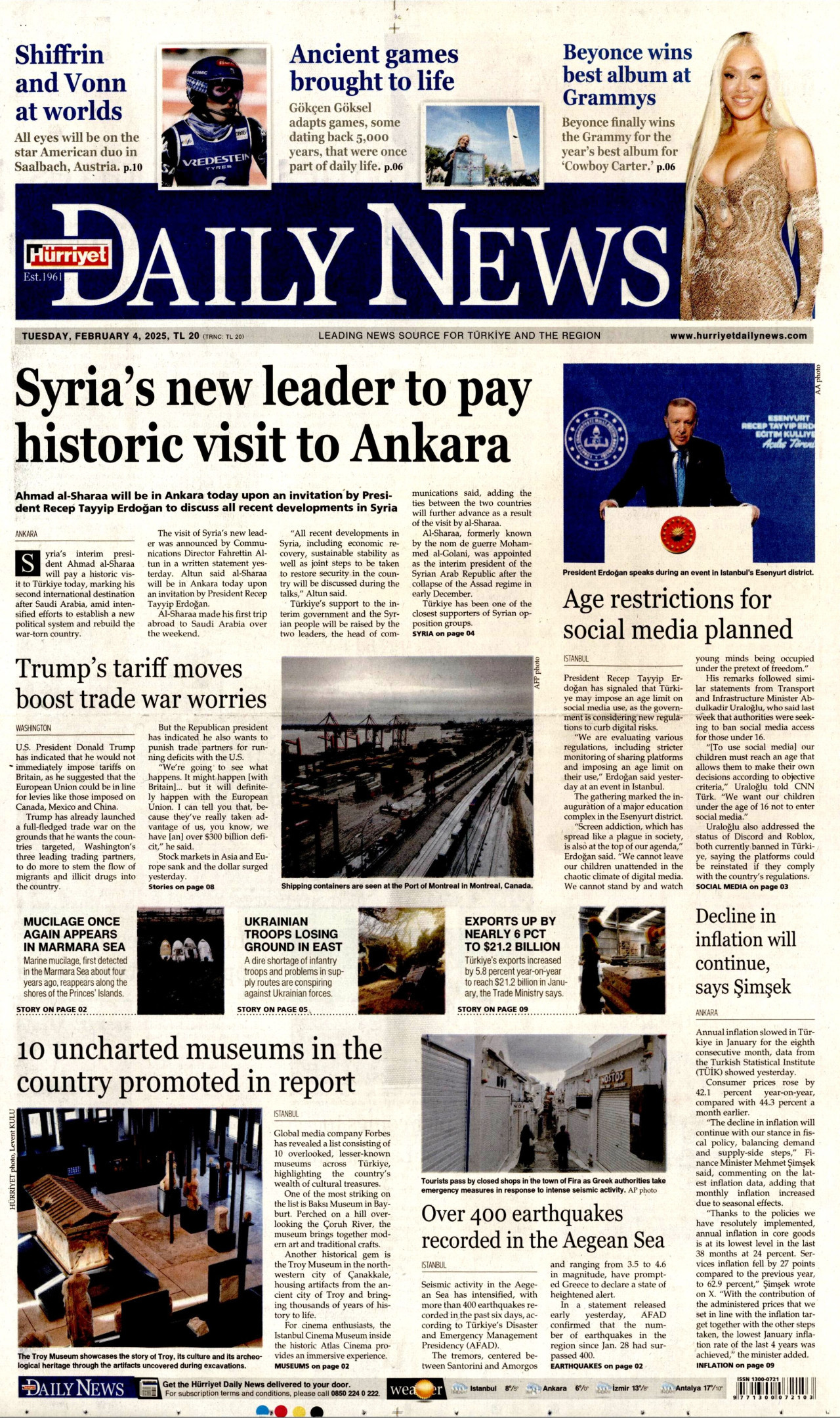 HÜRRİYET DAİLY NEWS gazetesinin 4 Şubat 2025 tarihli birinci sayfası
