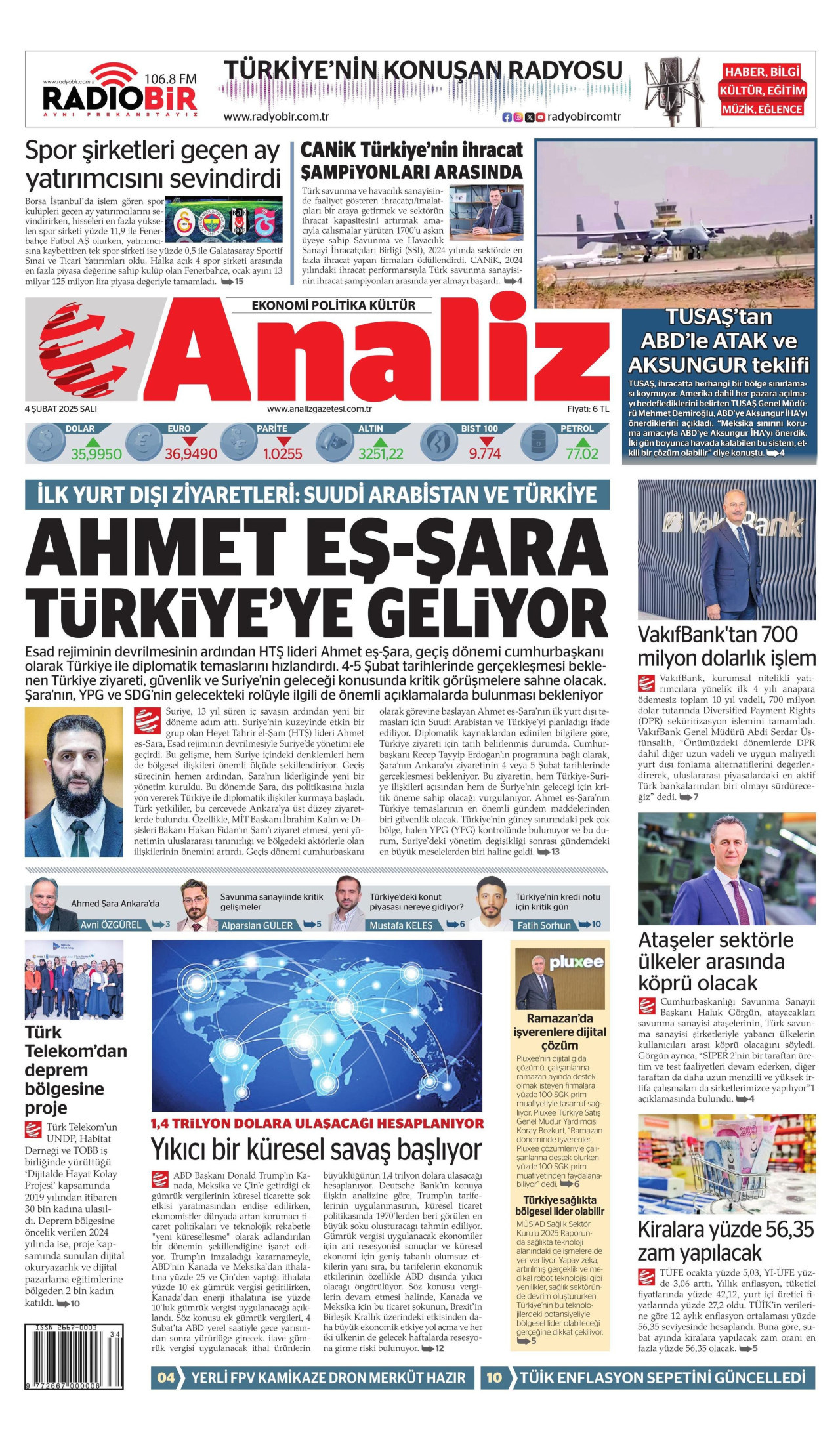 ANALİZ gazetesinin 4 Şubat 2025 tarihli birinci sayfası