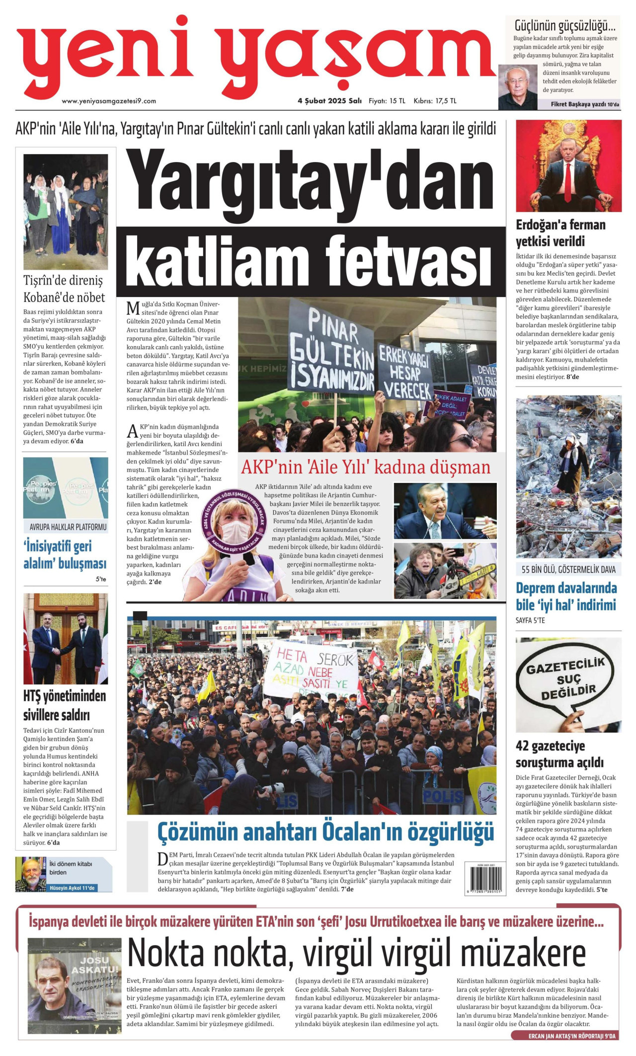 YENİ YAŞAM gazetesinin 4 Şubat 2025 tarihli birinci sayfası