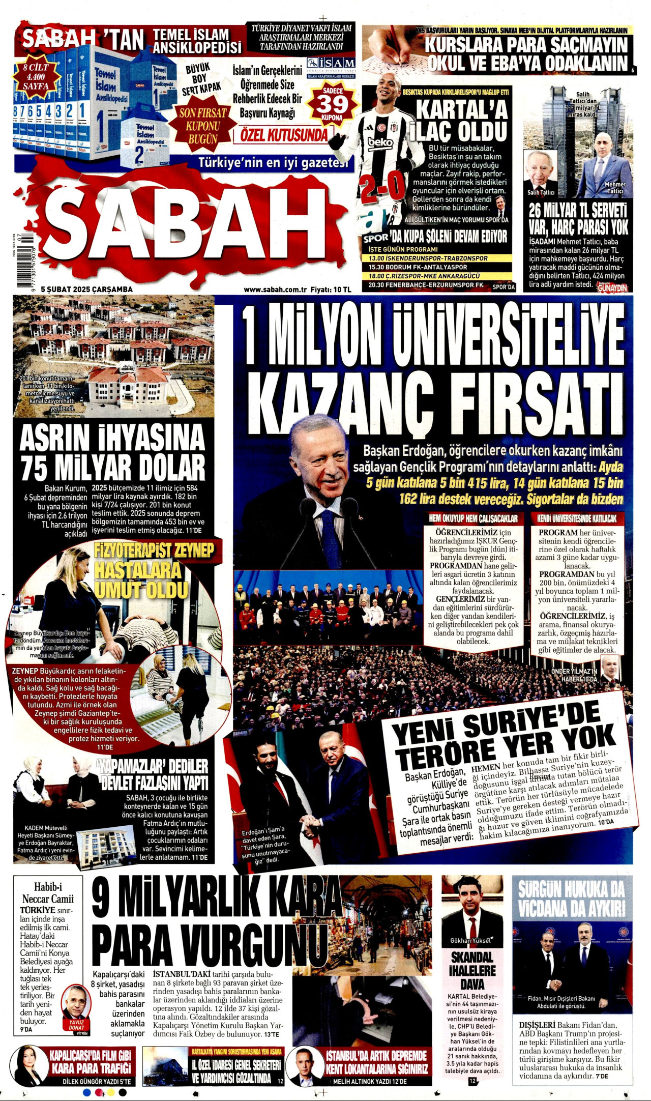 SABAH gazetesinin 5 Şubat 2025 tarihli birinci sayfası