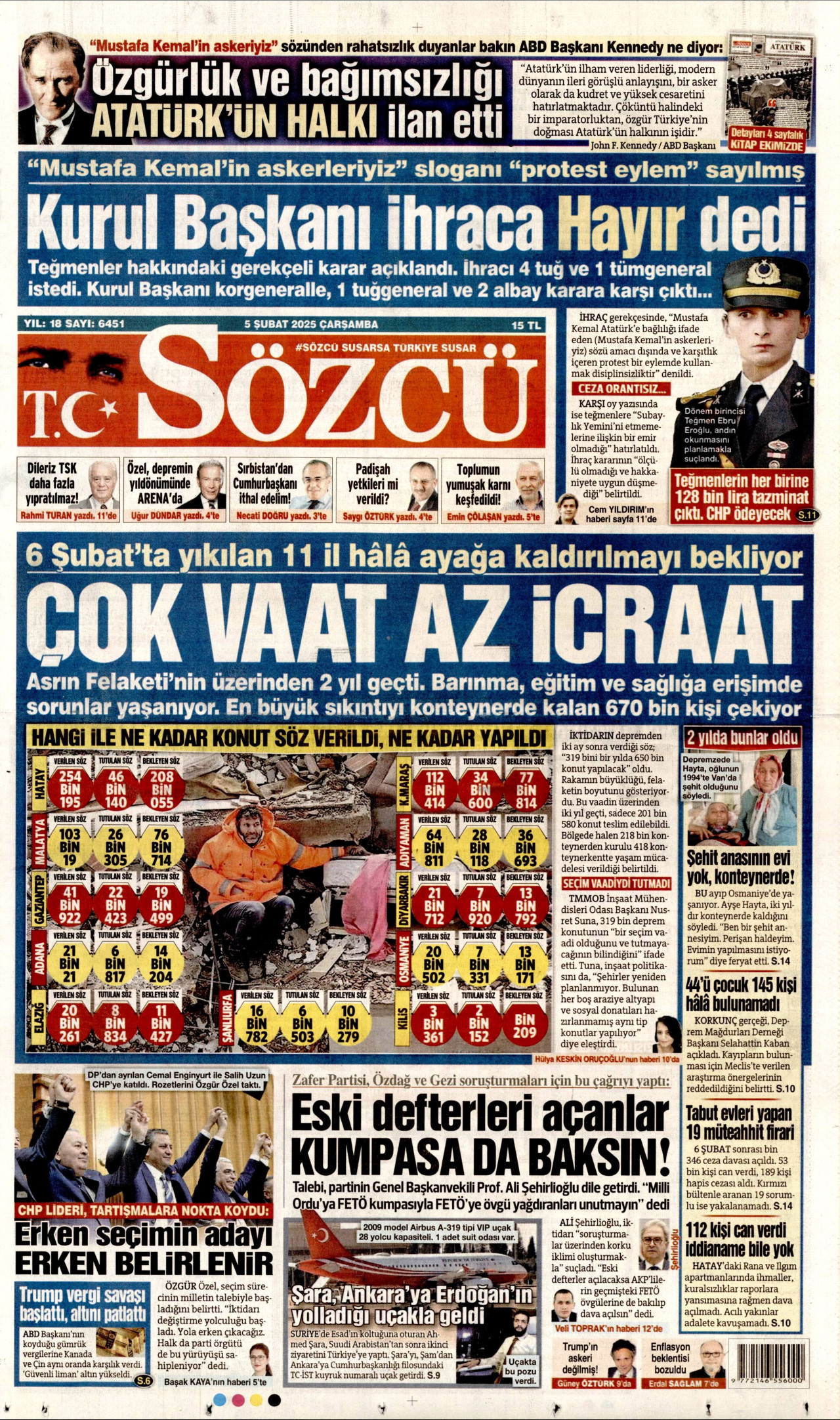 SÖZCÜ gazetesinin 5 Şubat 2025 tarihli birinci sayfası