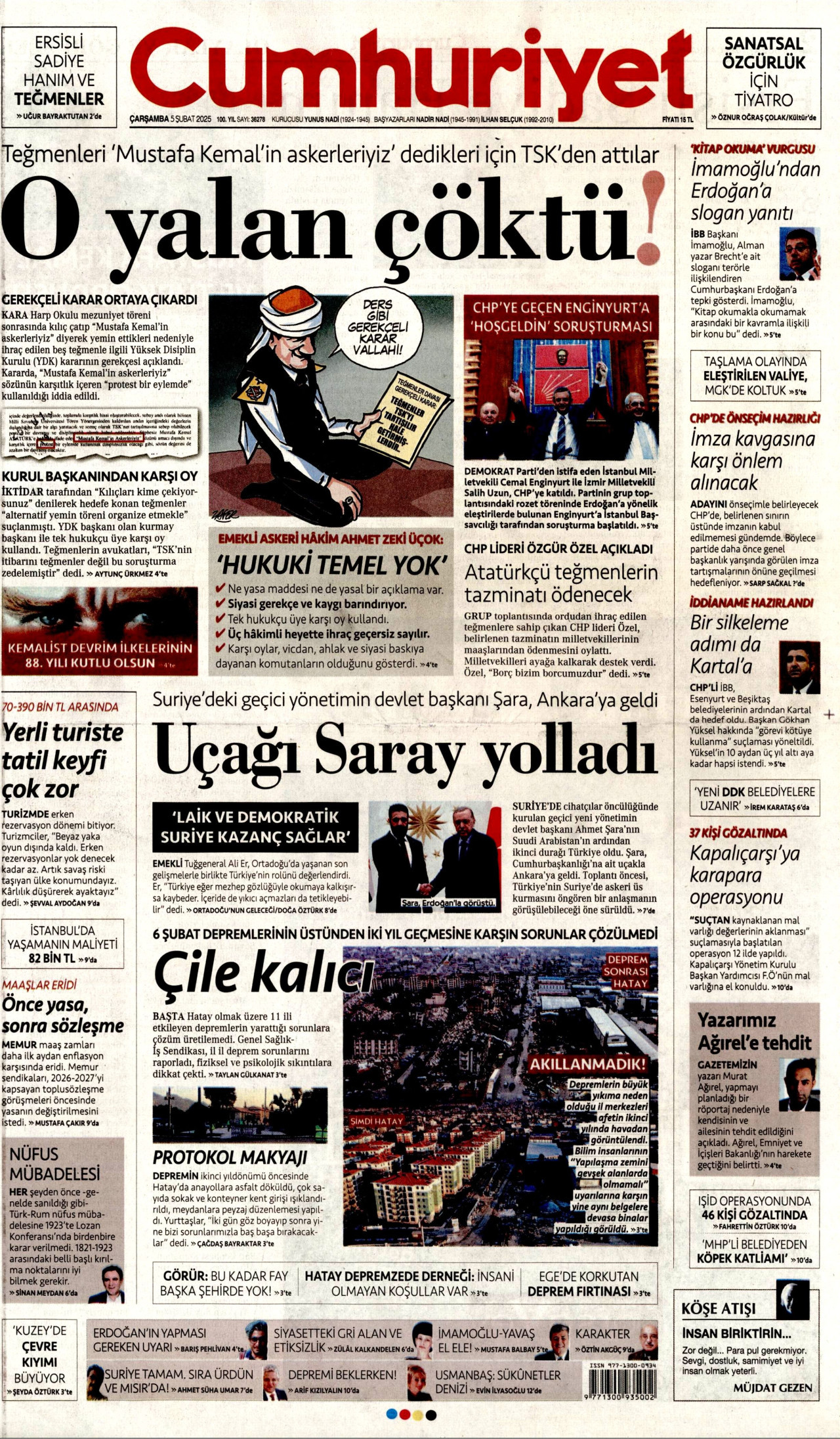 CUMHURİYET gazetesinin 5 Şubat 2025 tarihli birinci sayfası