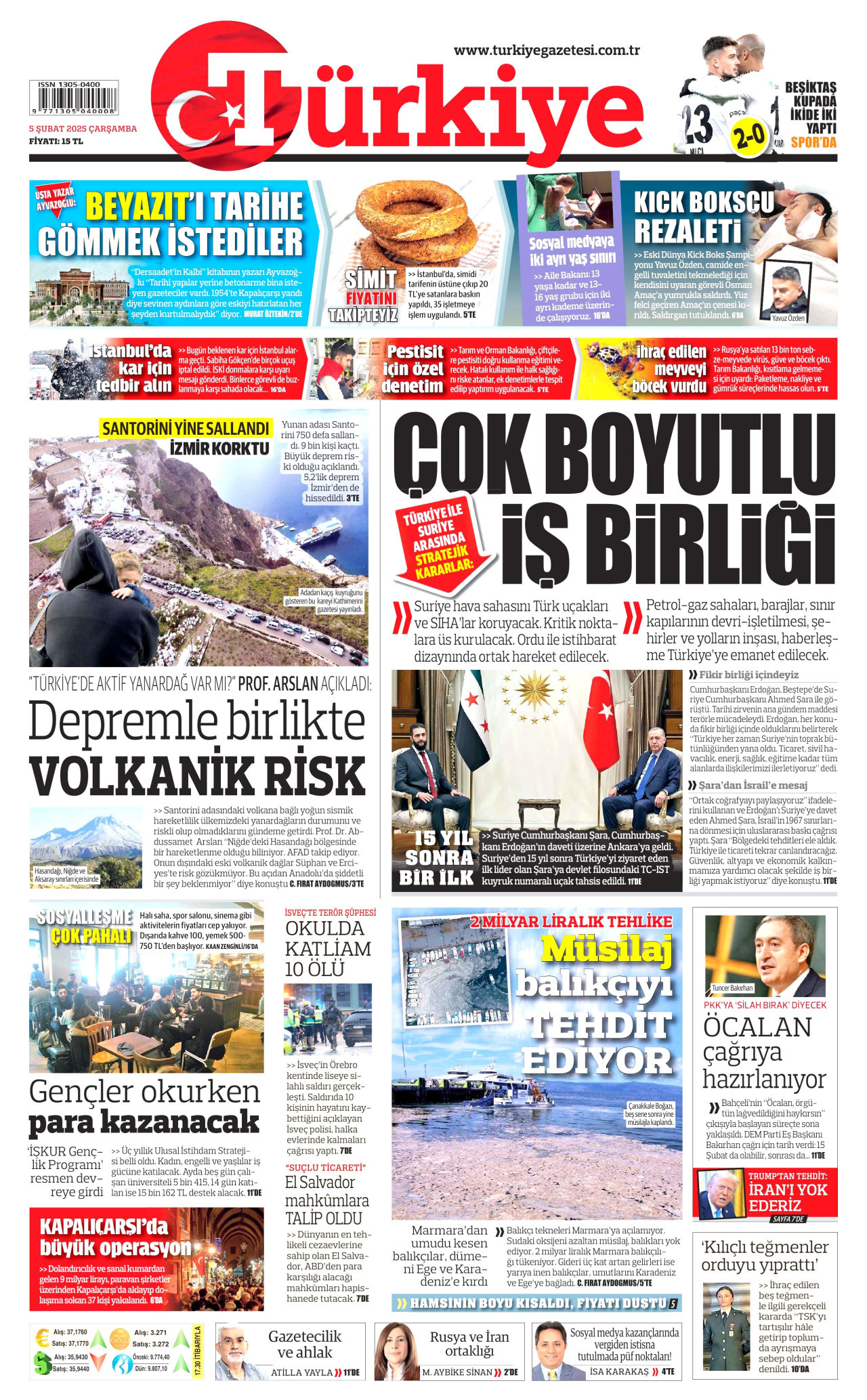 TÜRKİYE GAZETESİ gazetesinin 5 Şubat 2025 tarihli birinci sayfası