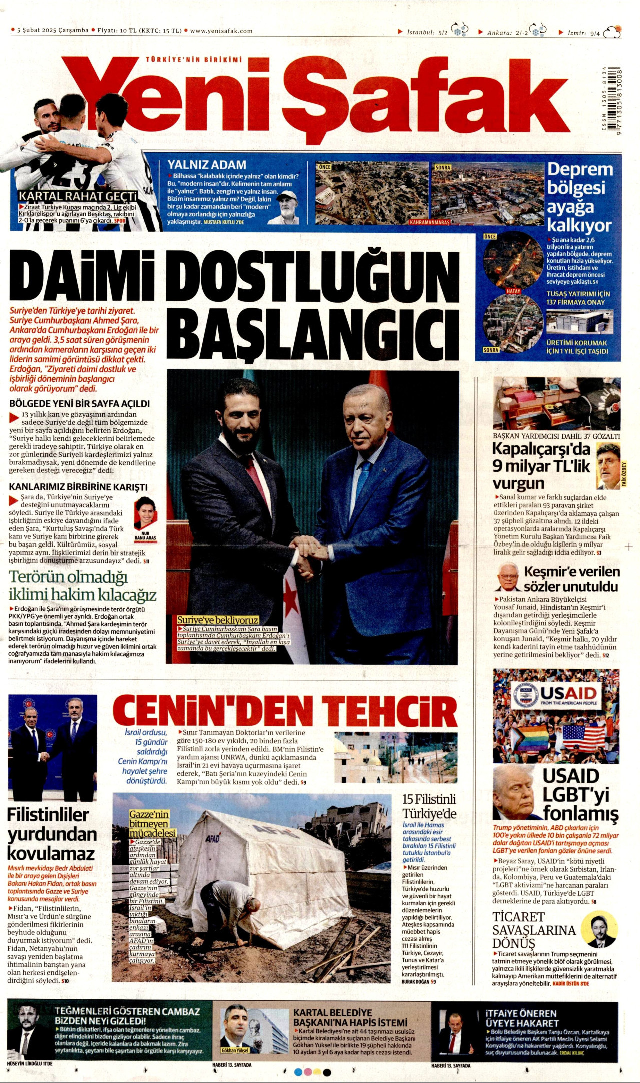 YENİ ŞAFAK gazetesinin 5 Şubat 2025 tarihli birinci sayfası