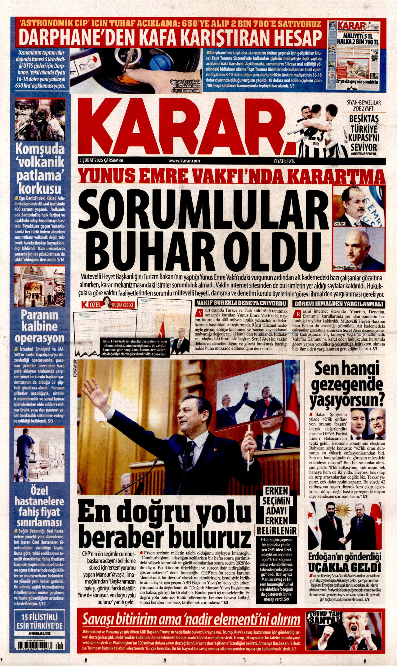 KARAR gazetesinin 5 Şubat 2025 tarihli birinci sayfası