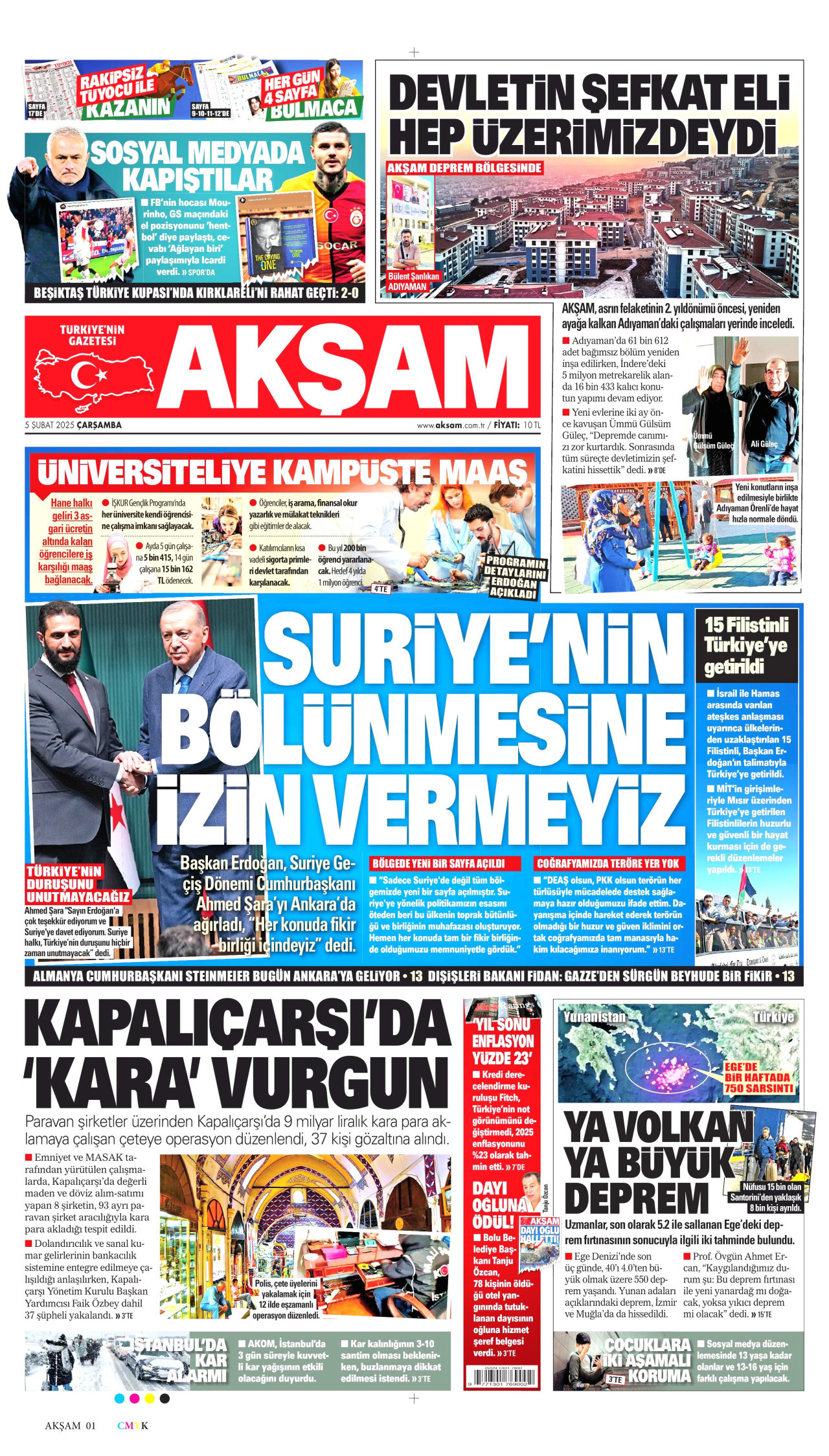 AKŞAM gazetesinin 5 Şubat 2025 tarihli birinci sayfası