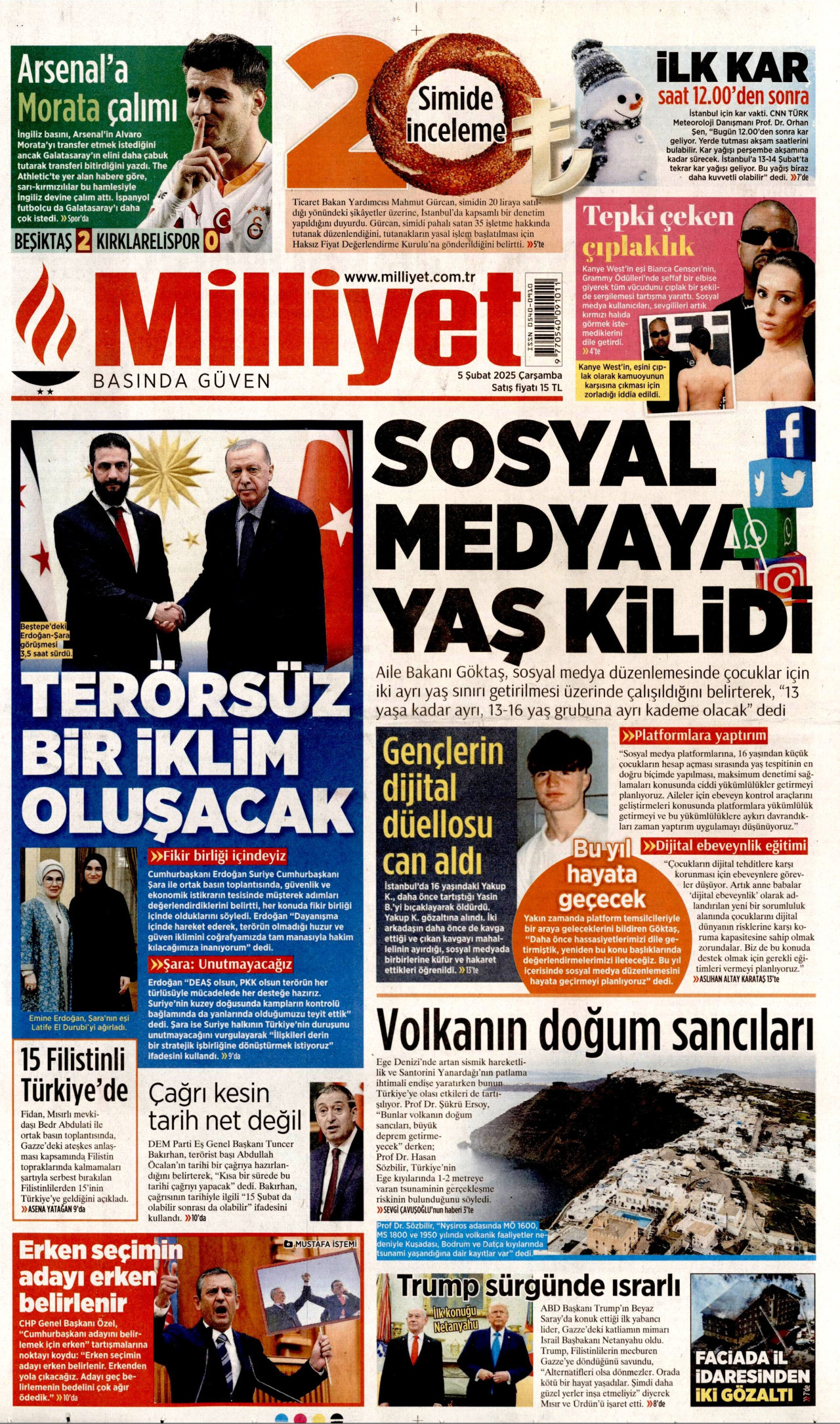 MİLLİYET gazetesinin 5 Şubat 2025 tarihli birinci sayfası