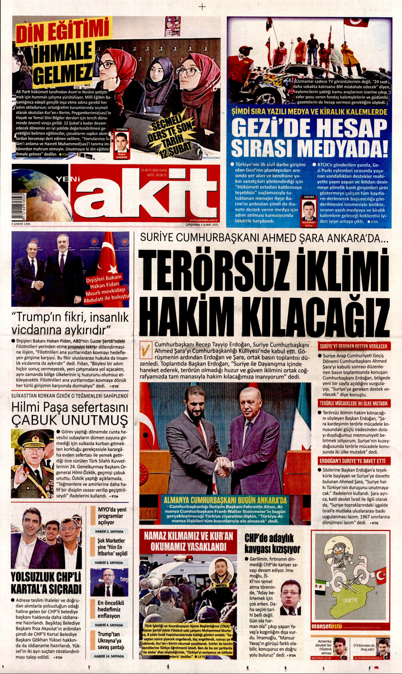 YENİ AKİT gazetesinin 5 Şubat 2025 tarihli birinci sayfası