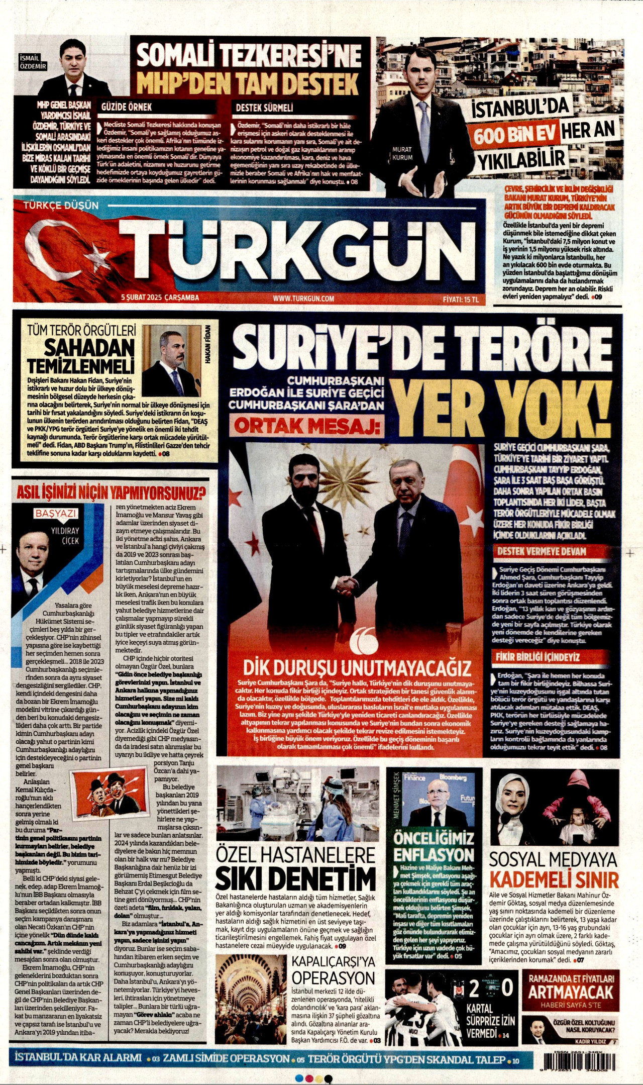 TÜRKGÜN gazetesinin 5 Şubat 2025 tarihli birinci sayfası