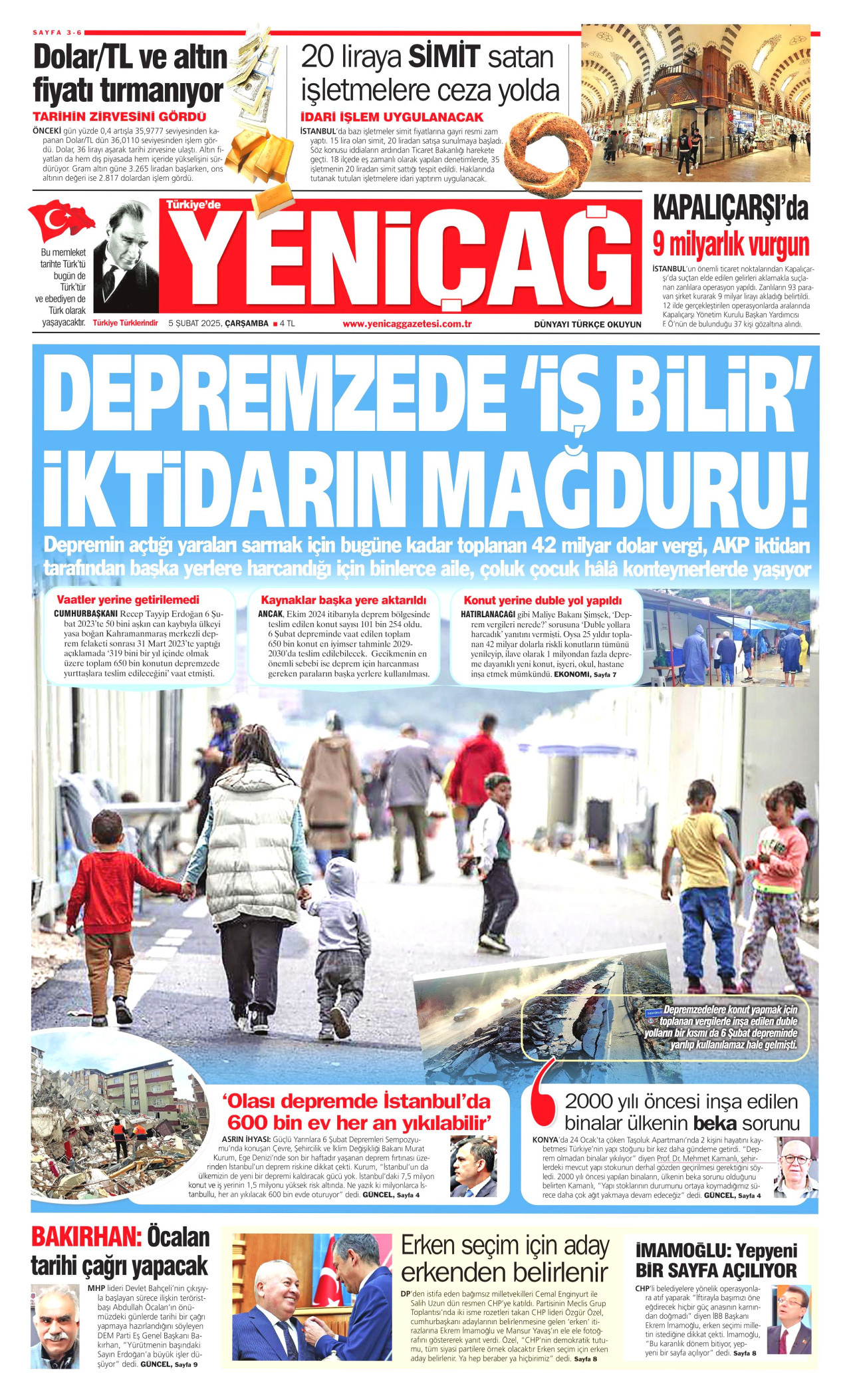 YENİÇAĞ gazetesinin 5 Şubat 2025 tarihli birinci sayfası