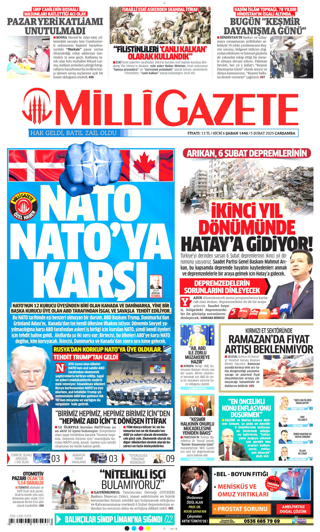 MİLLİ GAZETE gazetesinin 5 Şubat 2025 tarihli birinci sayfası