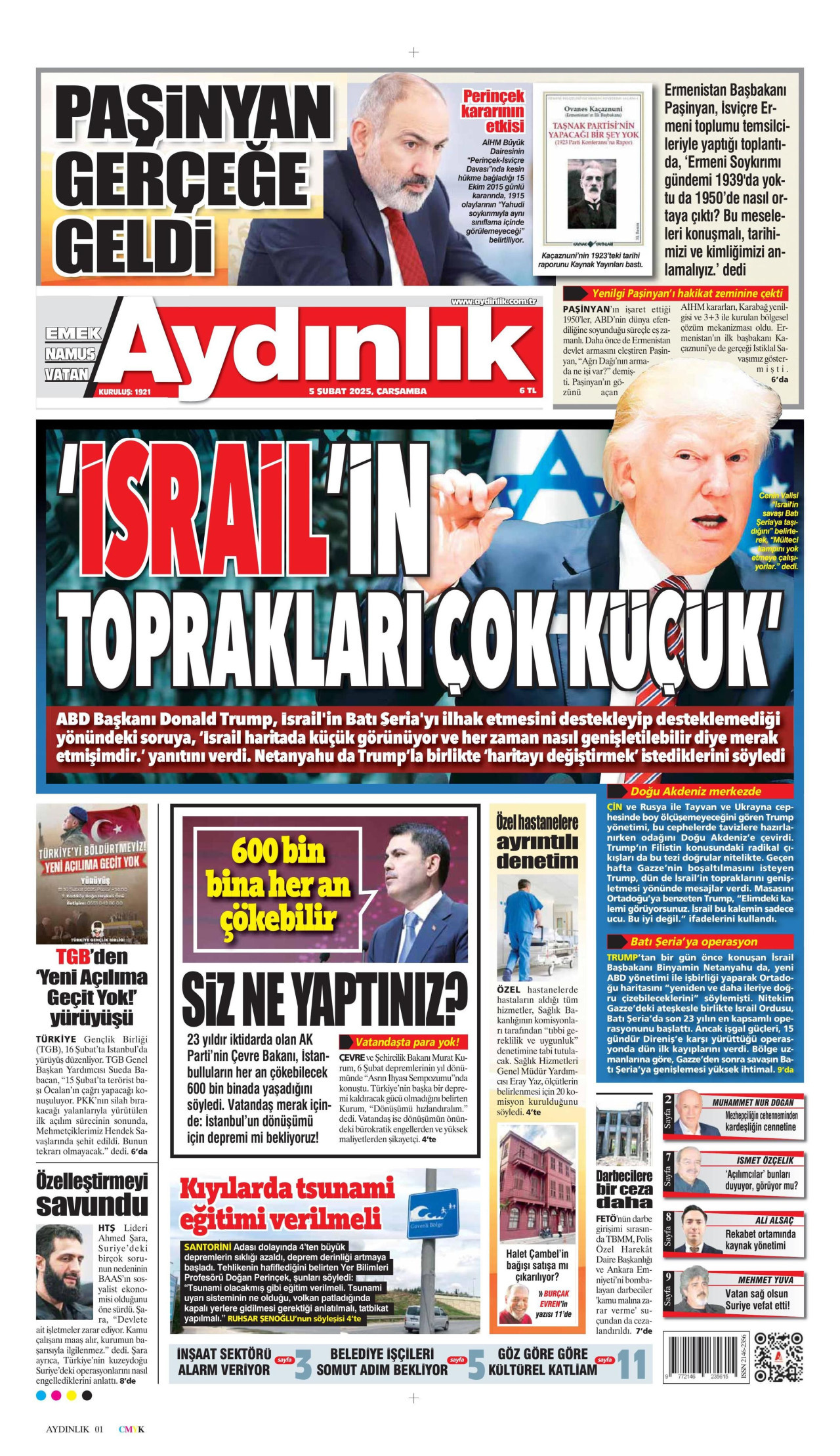 AYDINLIK GAZETESİ gazetesinin 5 Şubat 2025 tarihli birinci sayfası