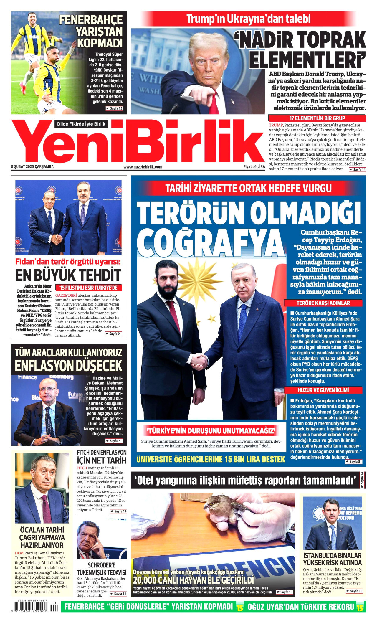 YENİBİRLİK gazetesinin 5 Şubat 2025 tarihli birinci sayfası
