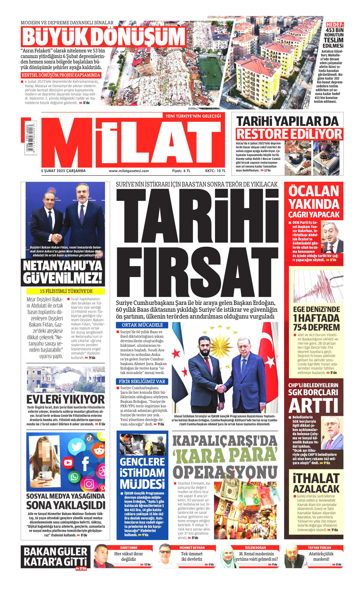 MİLAT gazetesinin 5 Şubat 2025 tarihli birinci sayfası