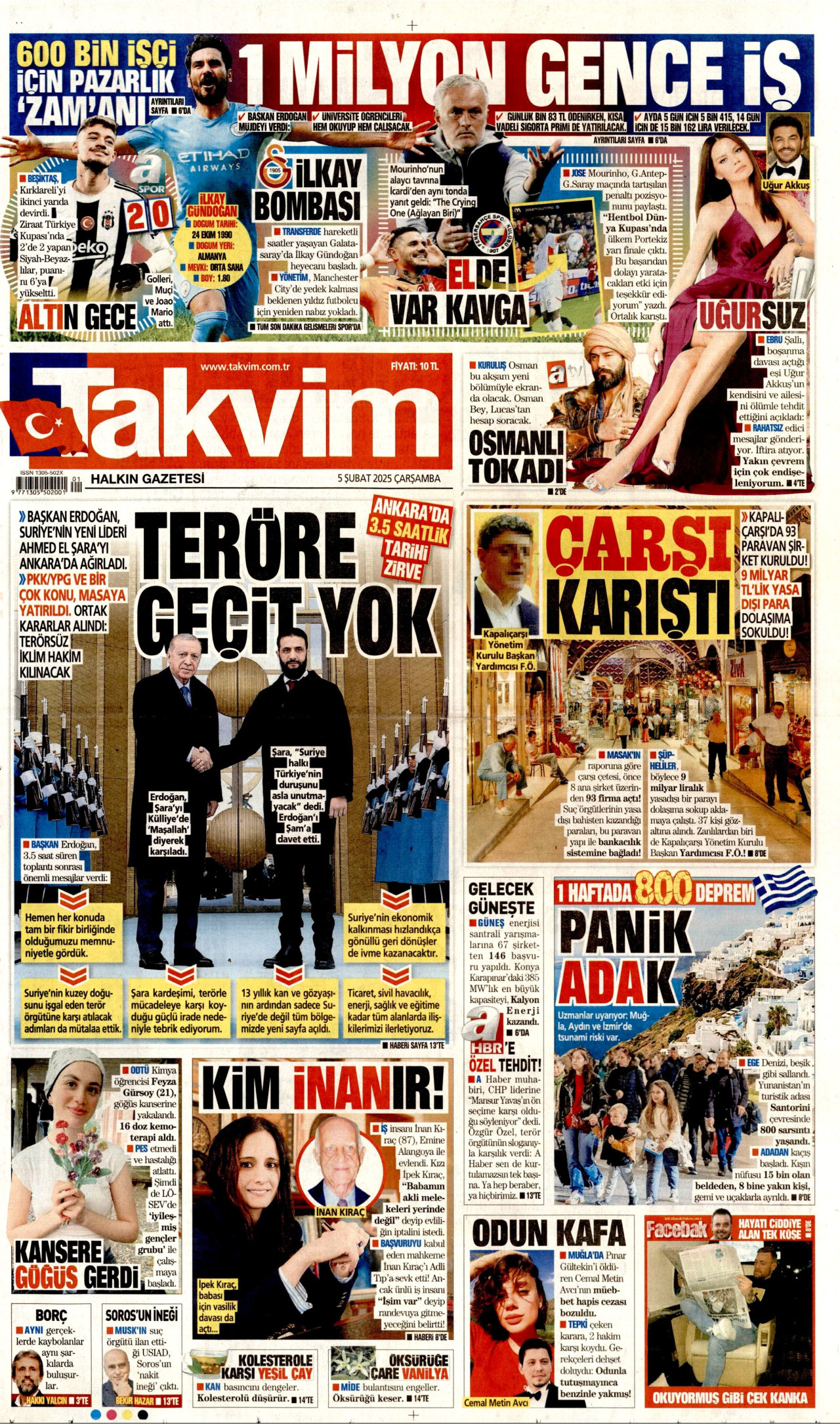TAKVİM gazetesinin 5 Şubat 2025 tarihli birinci sayfası