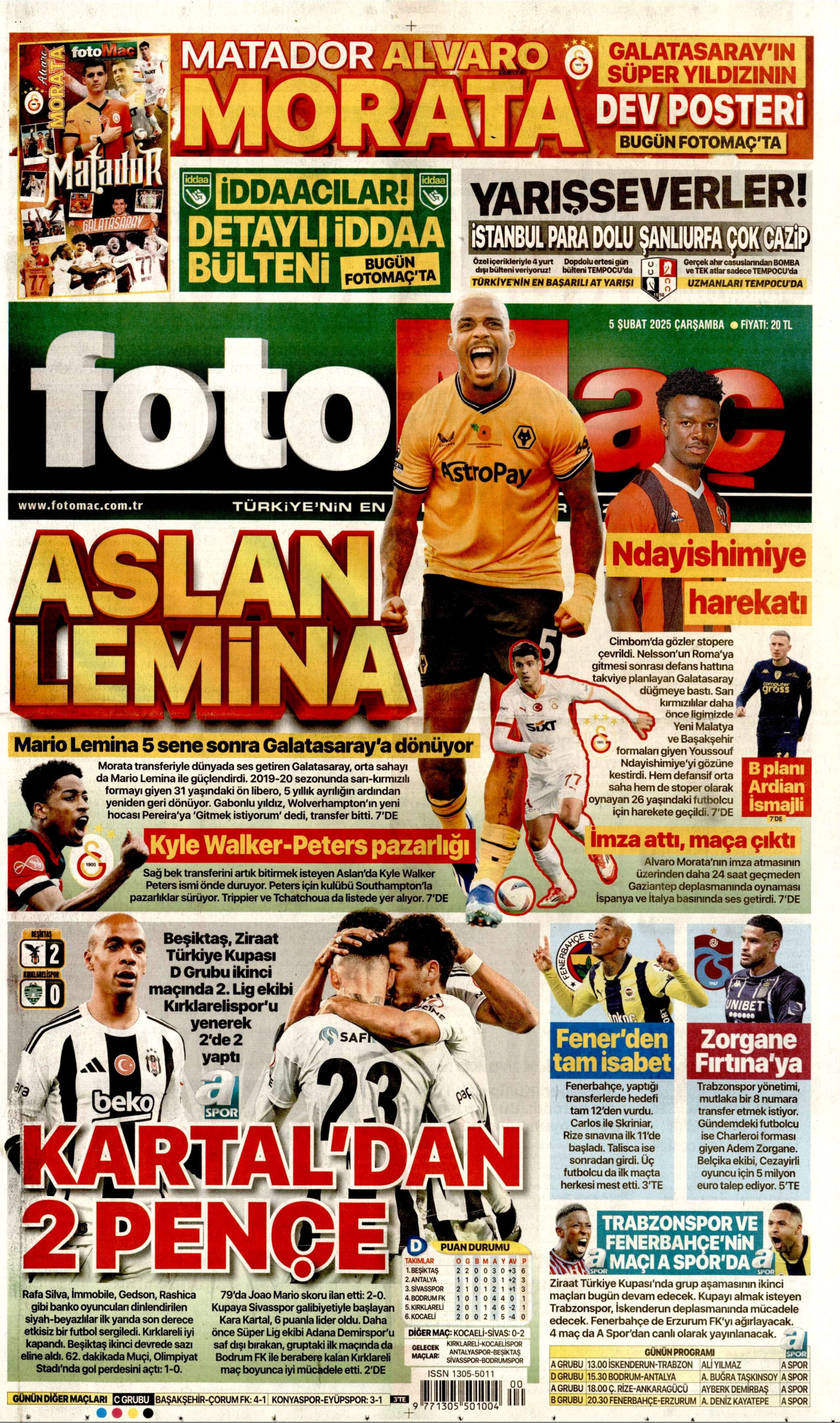 FOTOMAÇ gazetesinin 5 Şubat 2025 tarihli birinci sayfası