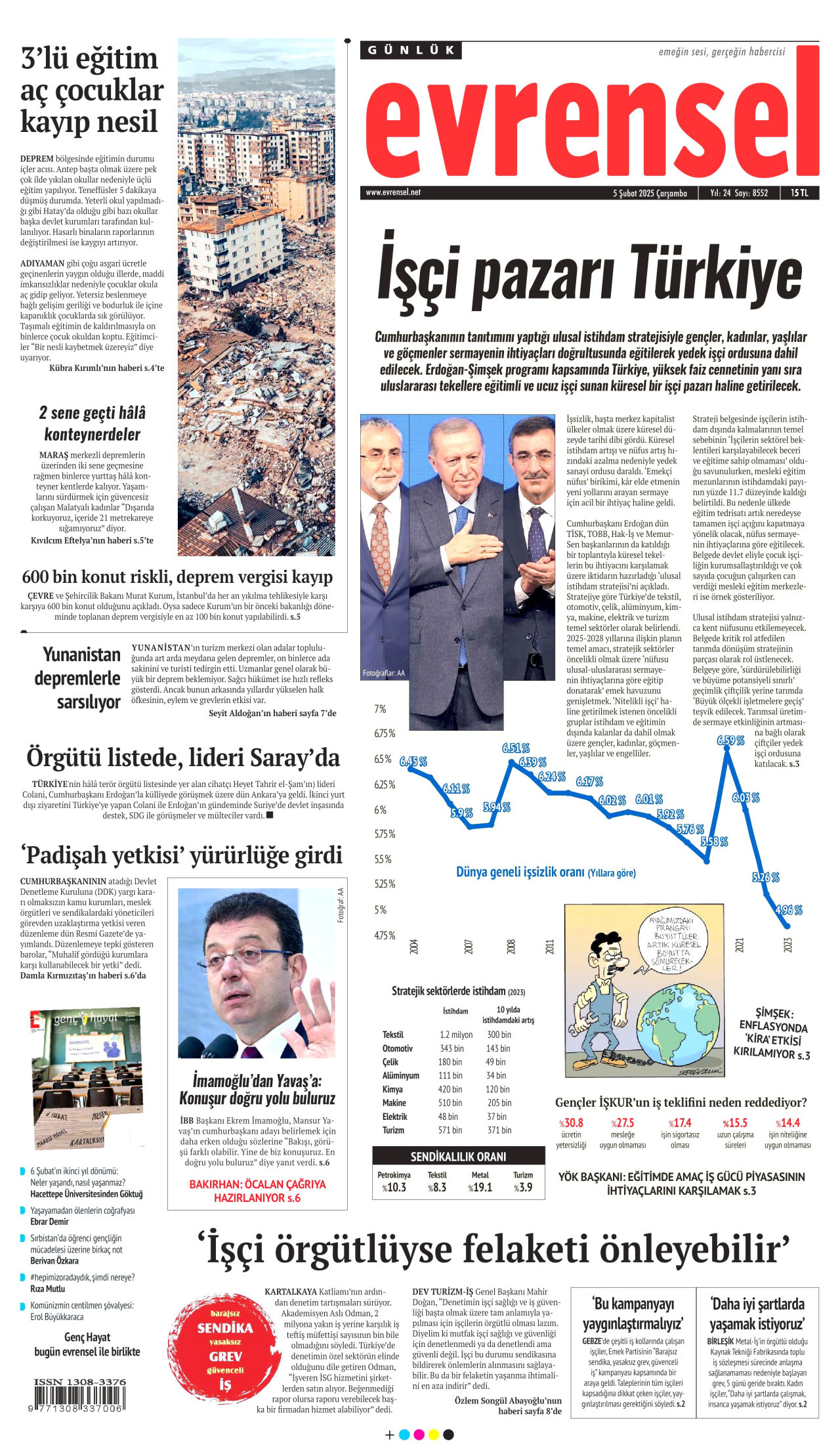EVRENSEL gazetesinin 5 Şubat 2025 tarihli birinci sayfası
