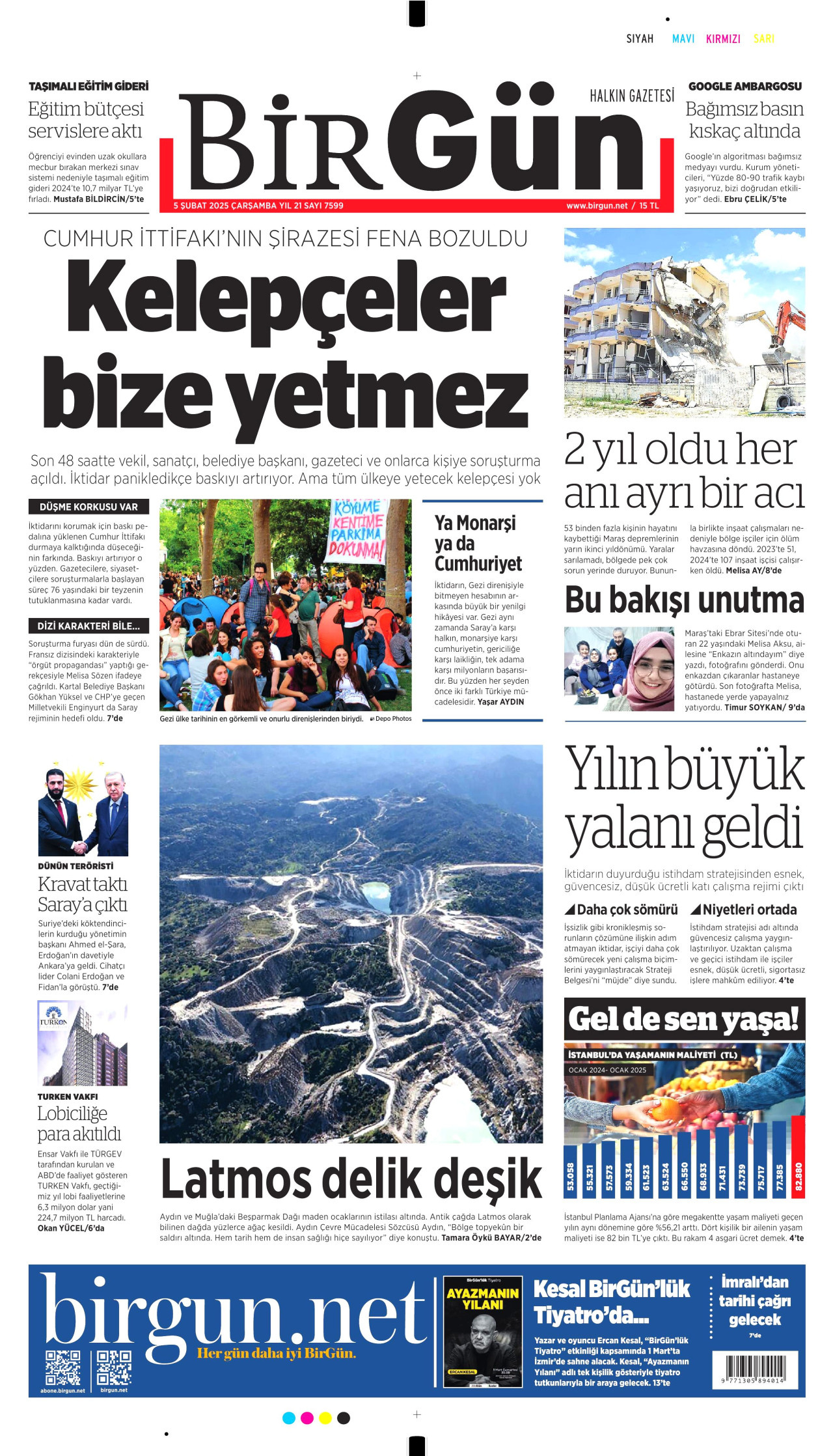 BİRGÜN gazetesinin 5 Şubat 2025 tarihli birinci sayfası